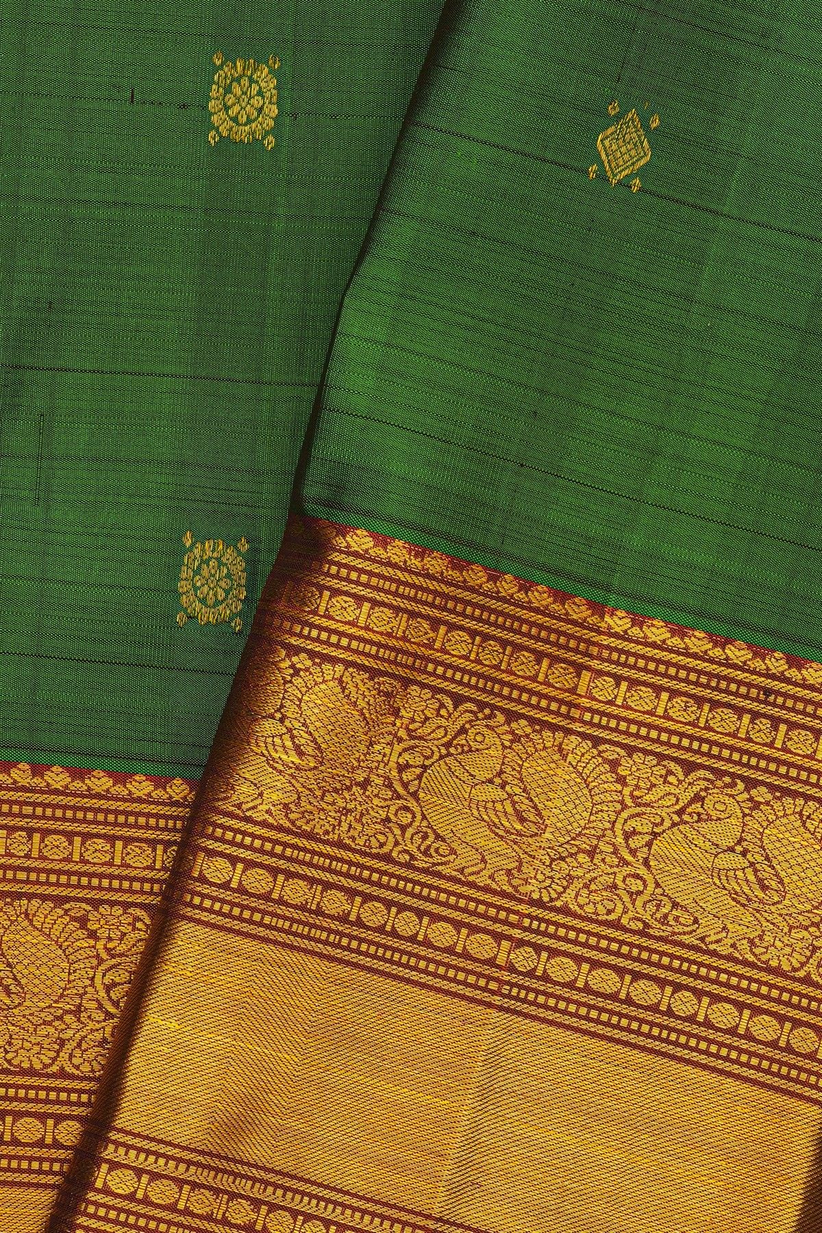 Kancheepuram Silk Bottle Green Saree With Traditional Long Border