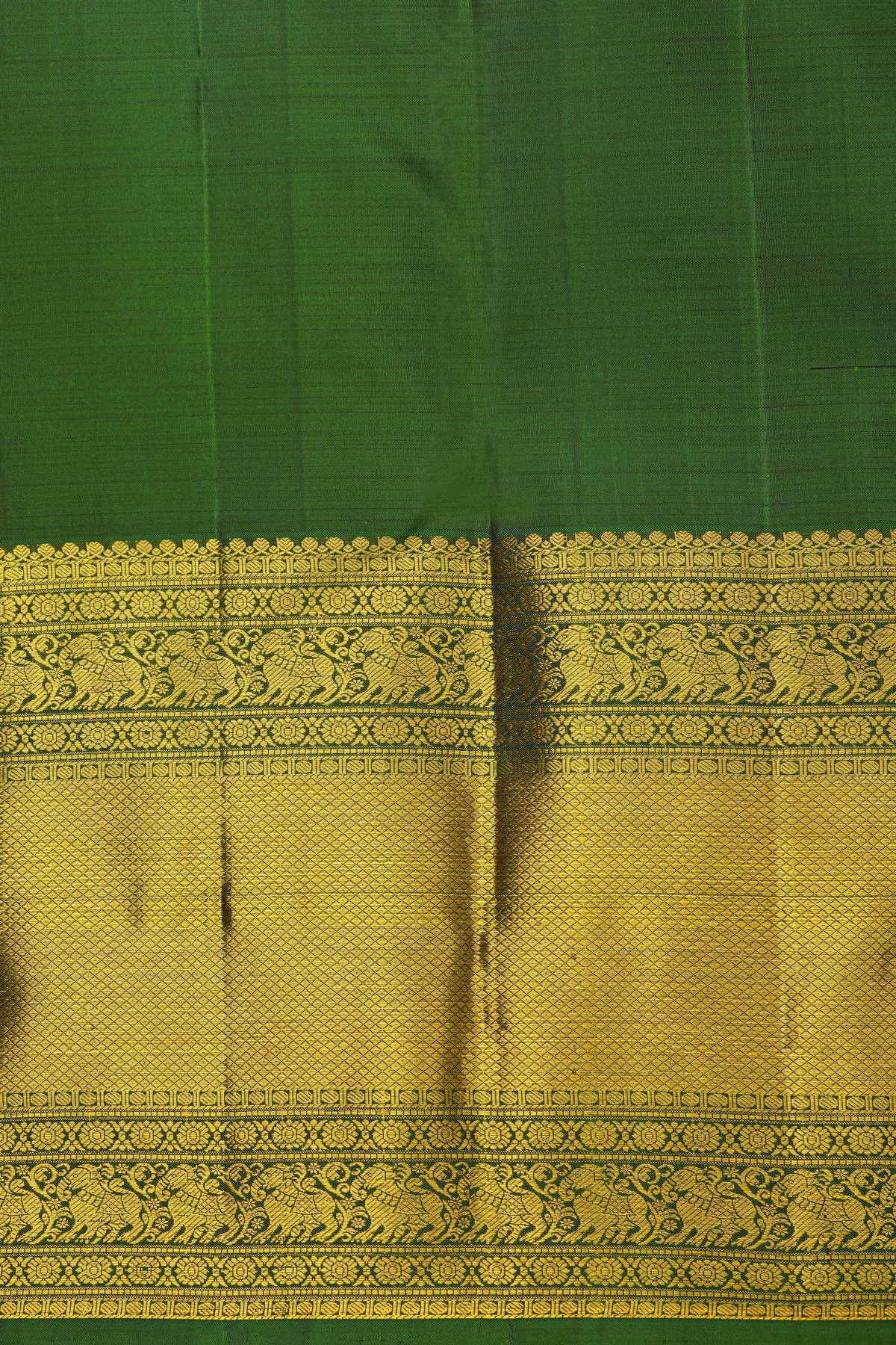Kancheepuram Silk Bottle Green Saree With Florals And Cross Lines With Yalis Border