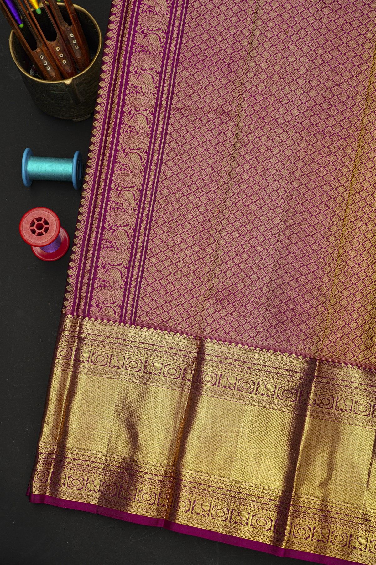 Kancheepuram Silk Bottle Green Saree With Florals And Leaves In Zari Body