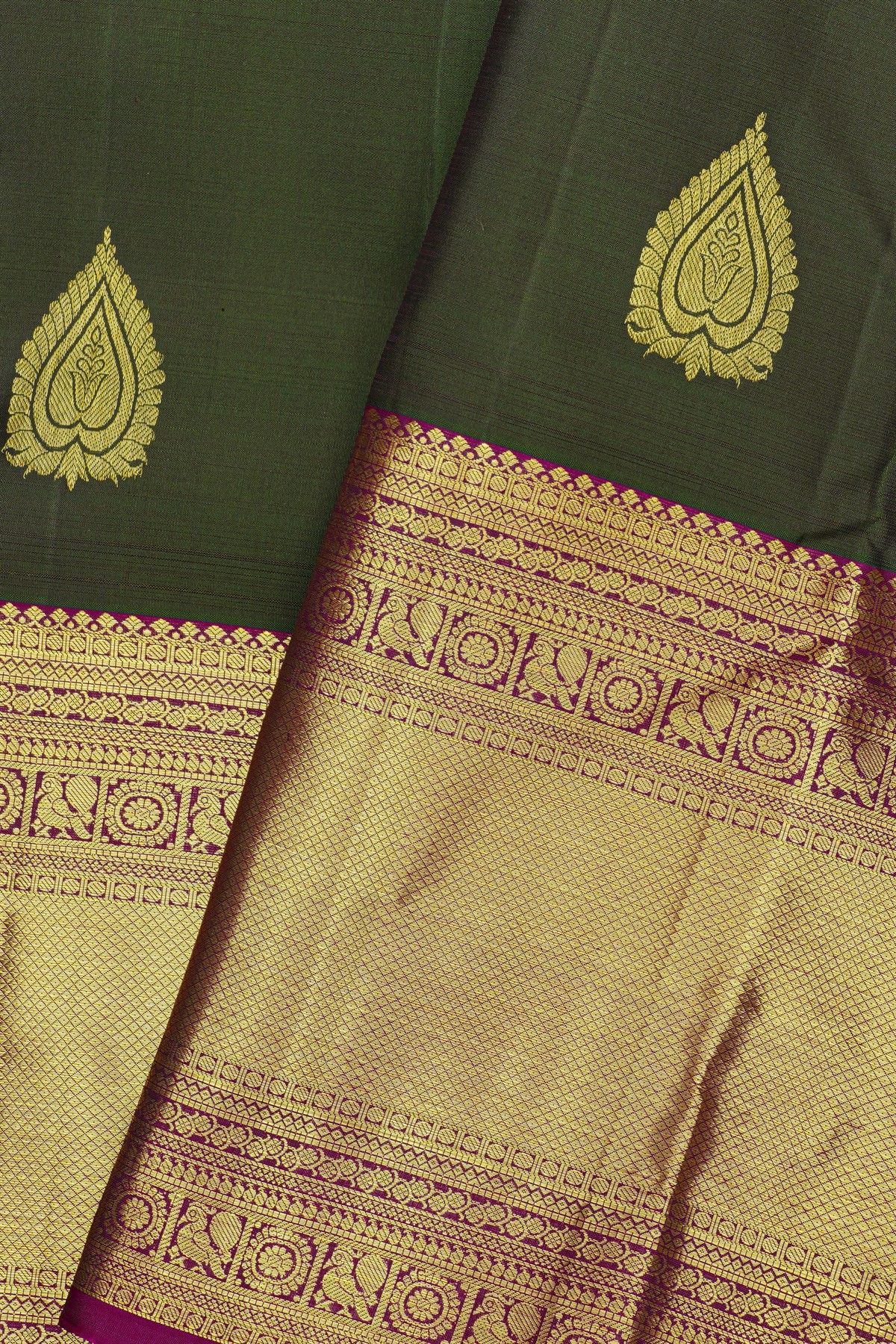 Kancheepuram Silk Bottle Green Saree With Florals And Leaves In Zari Body