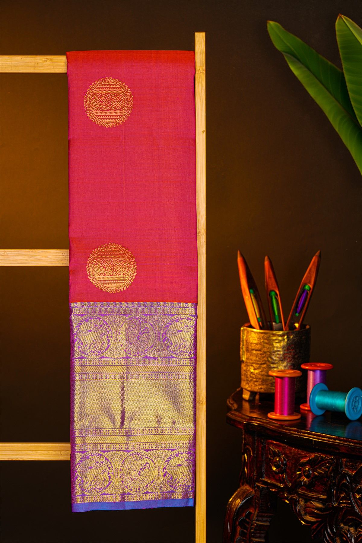 Kancheepuram Silk Peach Saree With Yalis And Peacocks With Diamonds Border