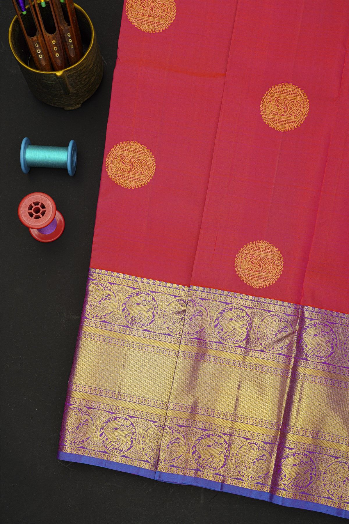 Kancheepuram Silk Peach Saree With Yalis And Peacocks With Diamonds Border