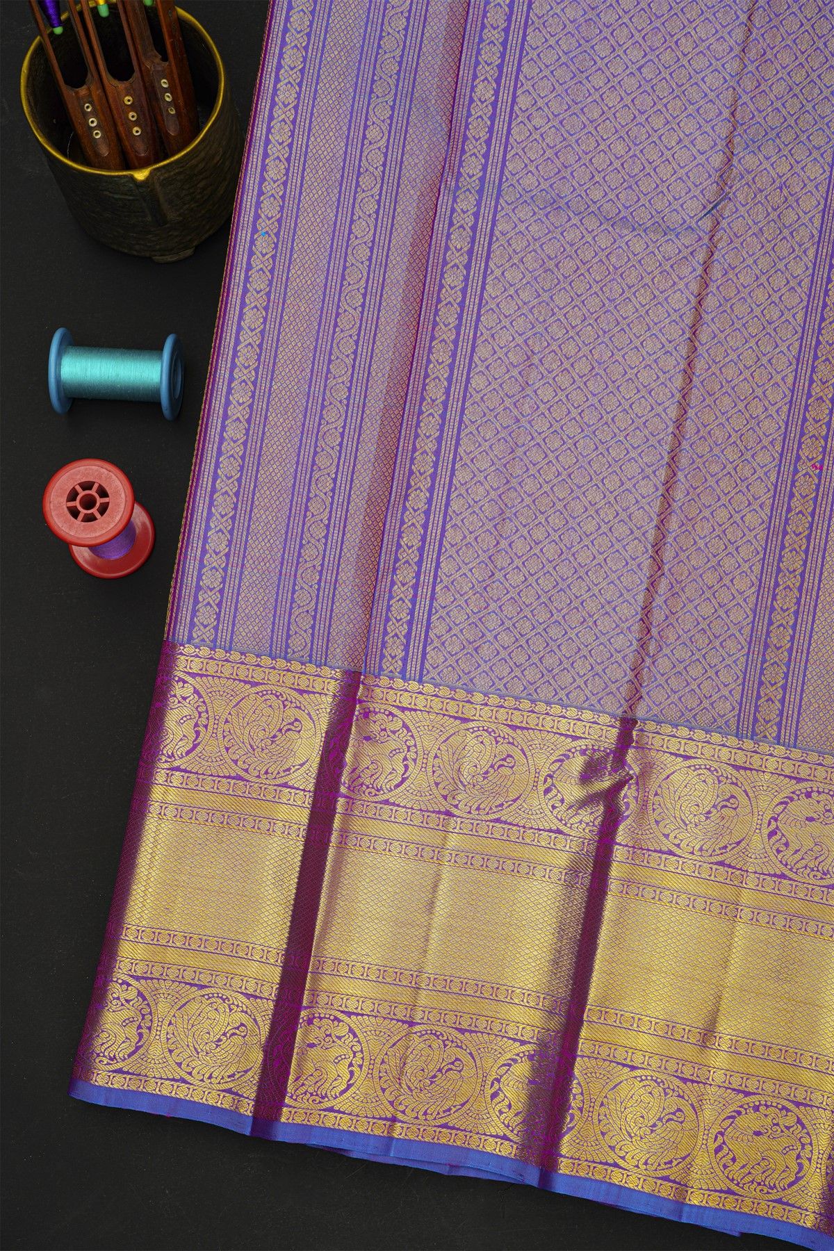 Kancheepuram Silk Peach Saree With Yalis And Peacocks With Diamonds Border