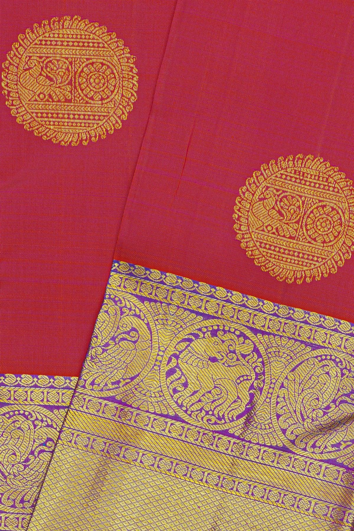 Kancheepuram Silk Peach Saree With Yalis And Peacocks With Diamonds Border