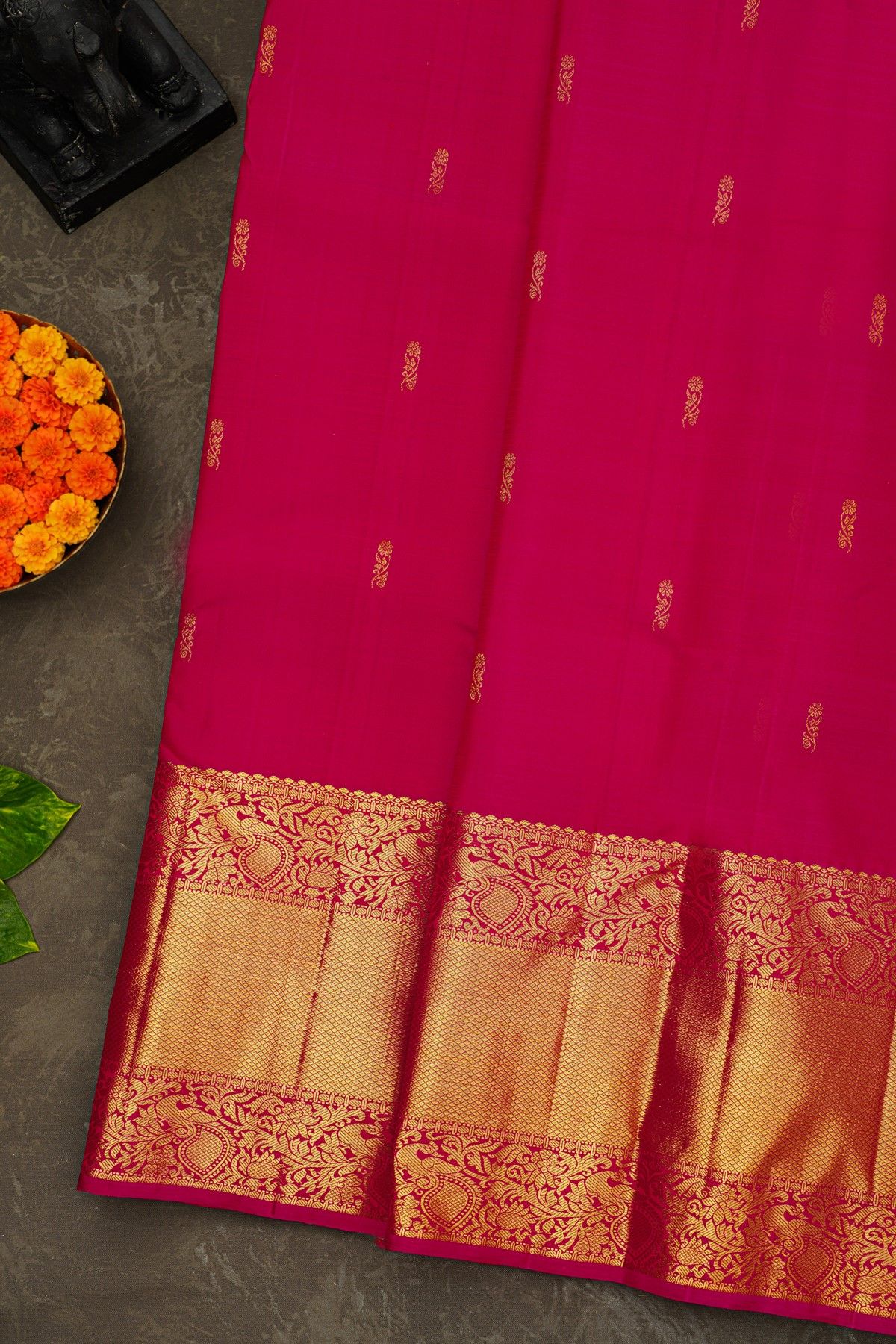 Kancheepuram Silk Rani Pink Saree With Florals And Leaves Jaal Border