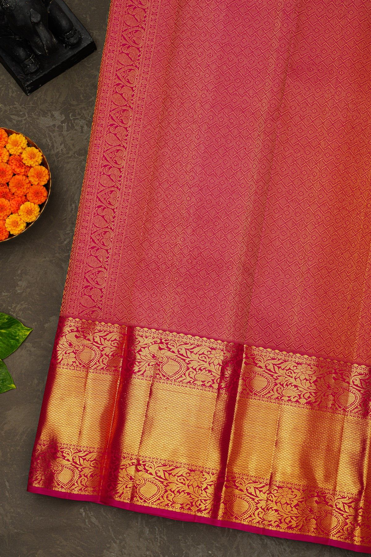 Kancheepuram Silk Rani Pink Saree With Florals And Leaves Jaal Border