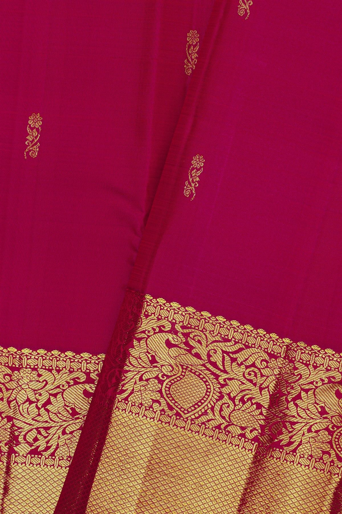 Kancheepuram Silk Rani Pink Saree With Florals And Leaves Jaal Border