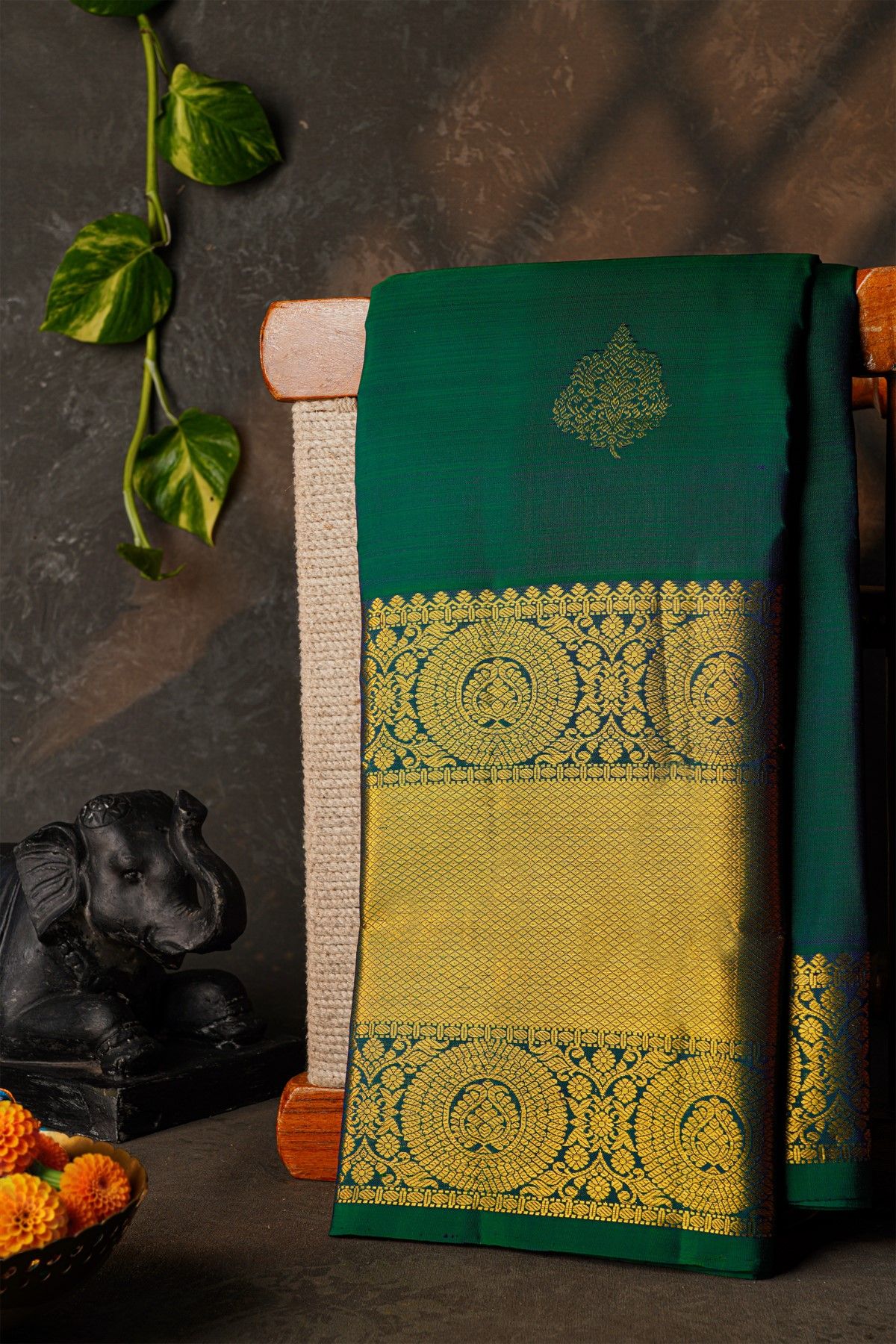 Kancheepuram Silk Peacock Green Saree With Florals And Buttis Body