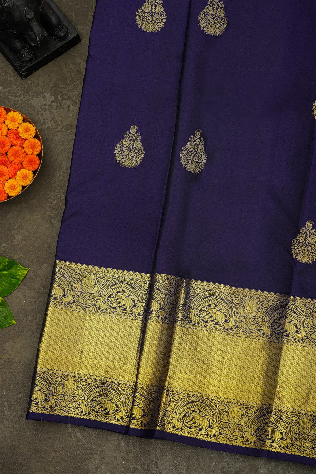 Kancheepuram Silk Royal Blue Saree With Florals And Buttis Body
