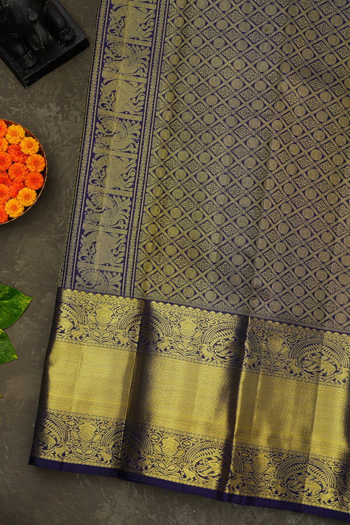 Kancheepuram Silk Royal Blue Saree With Florals And Buttis Body