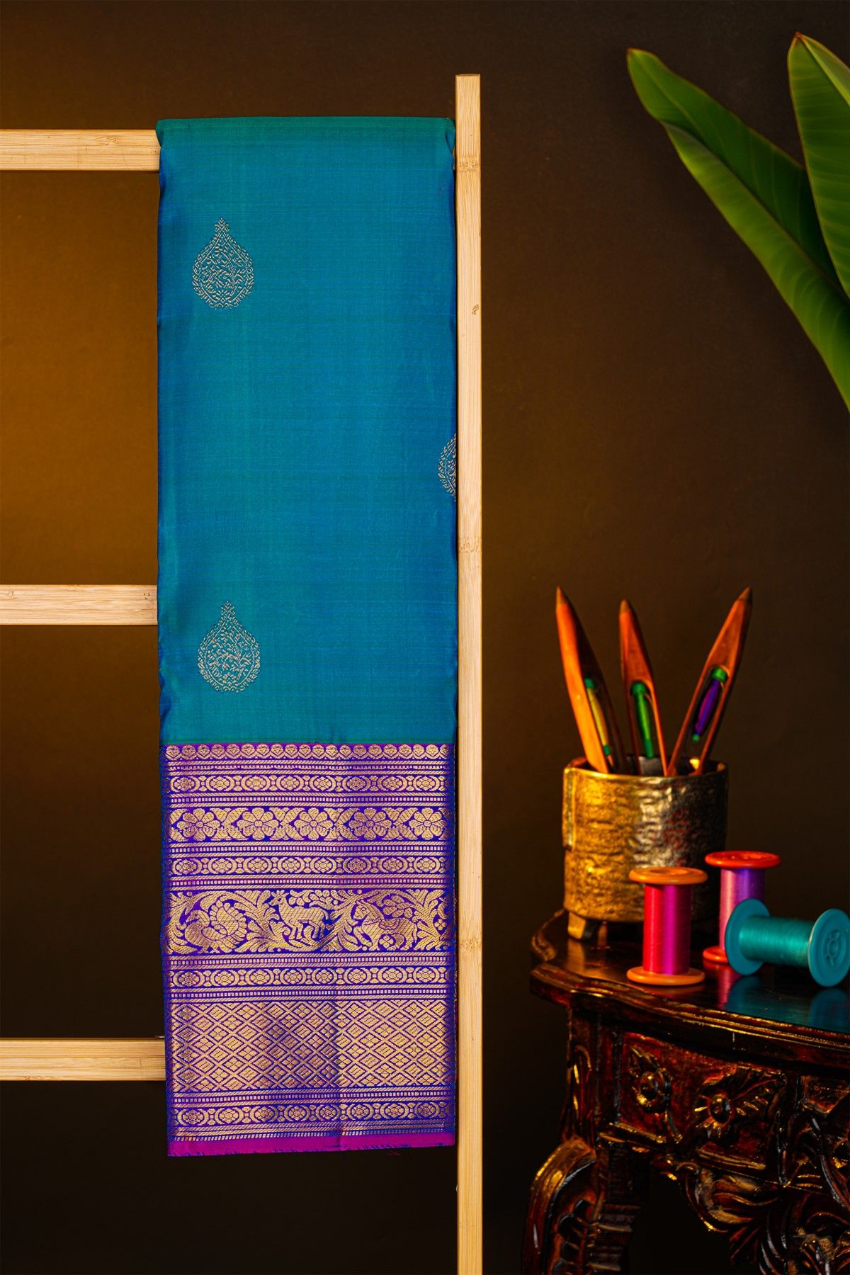 Kancheepuram Silk Blue Saree With Yalis And Peacocks Diamond Border
