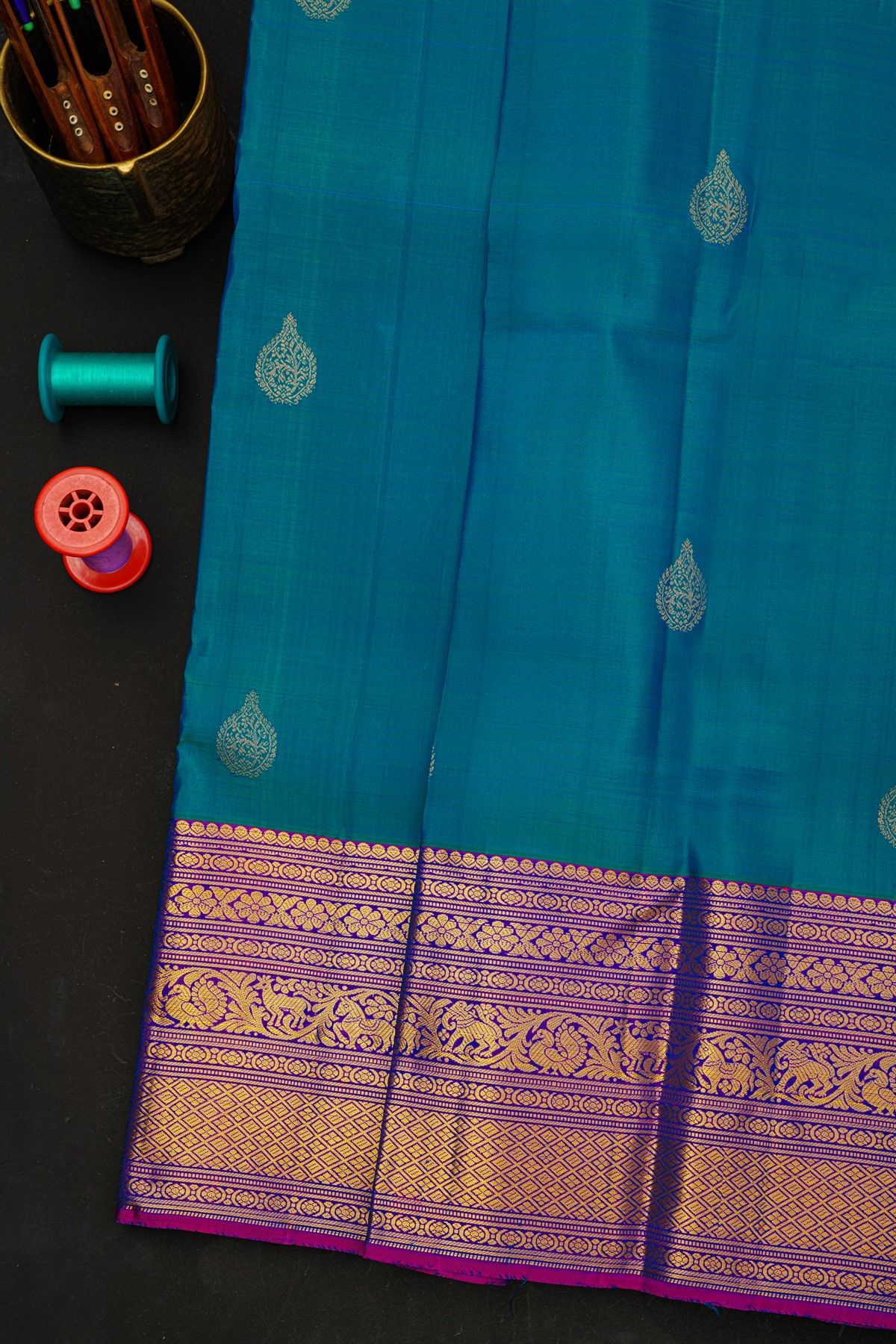 Kancheepuram Silk Blue Saree With Yalis And Peacocks Diamond Border