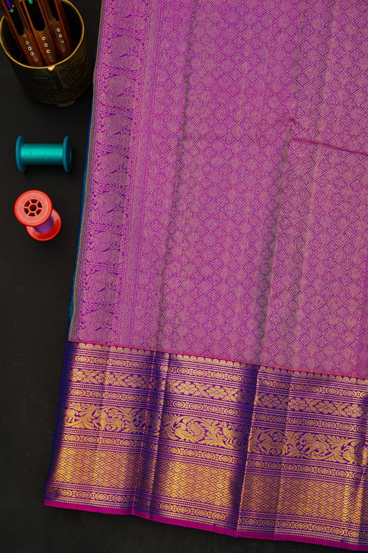 Kancheepuram Silk Blue Saree With Yalis And Peacocks Diamond Border