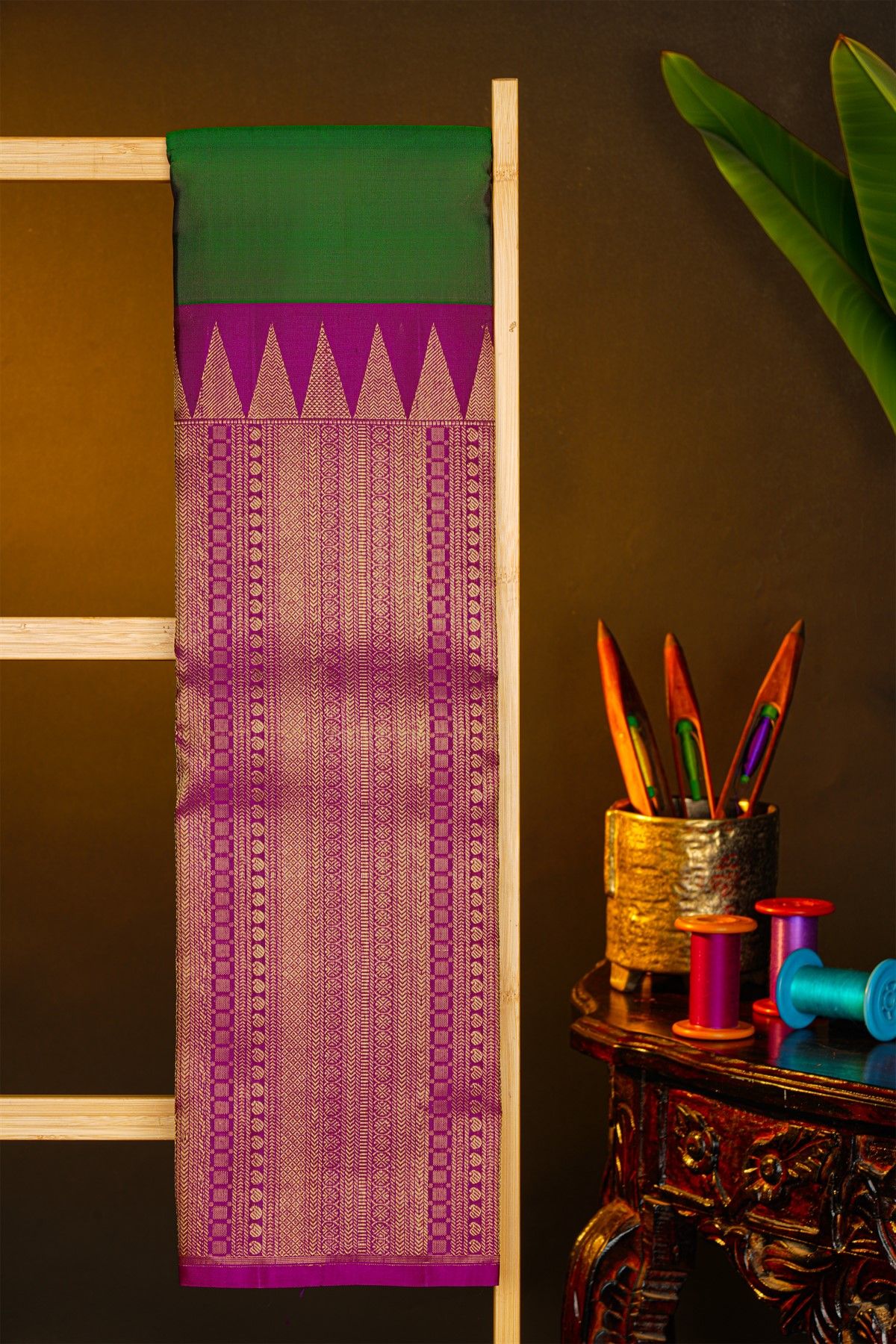 Kancheepuram Silk Bottle Green Saree With Floral Leaves And Temple Border