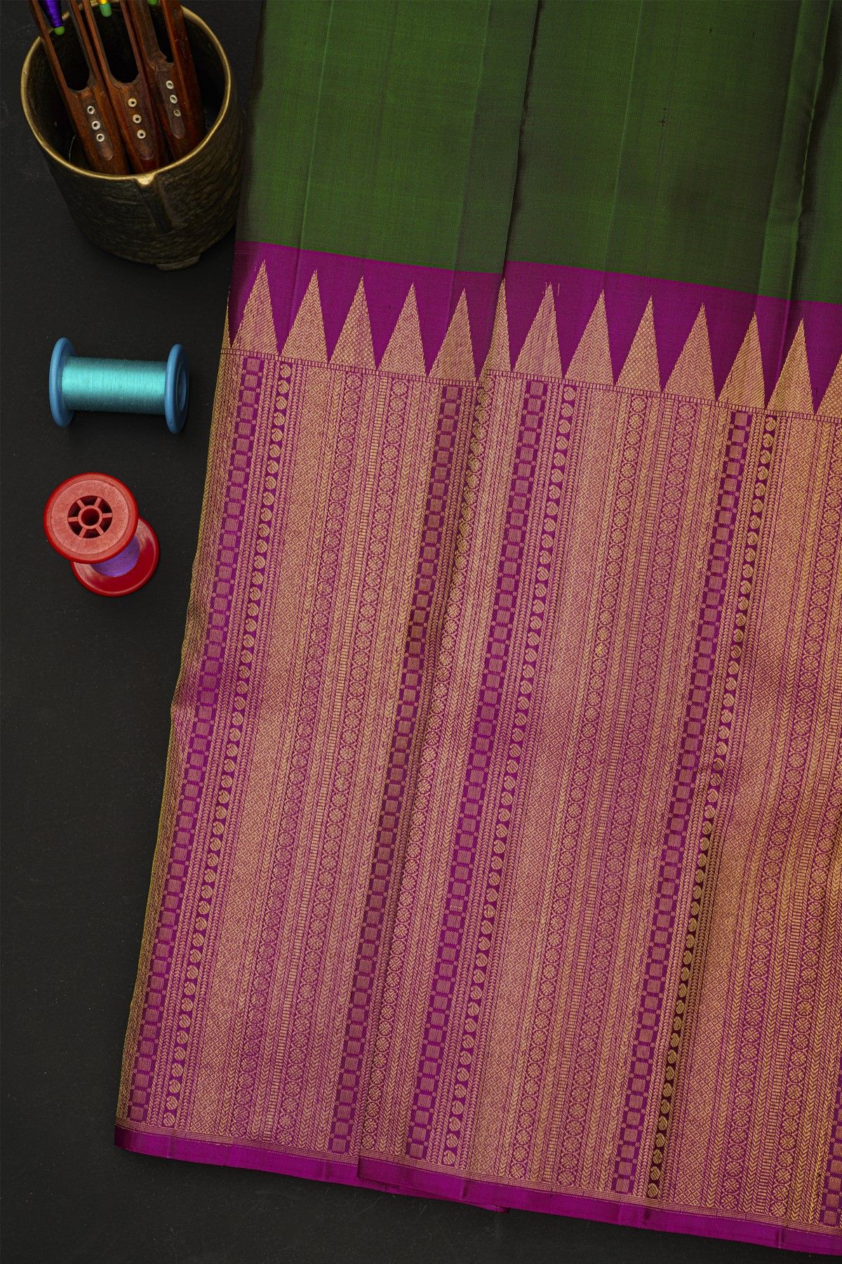 Kancheepuram Silk Bottle Green Saree With Floral Leaves And Temple Border