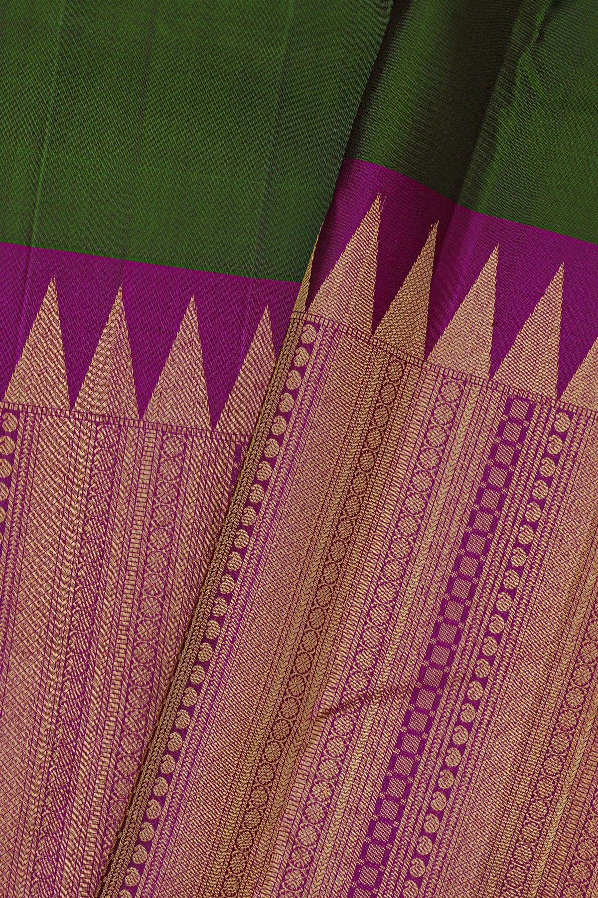 Kancheepuram Silk Bottle Green Saree With Floral Leaves And Temple Border