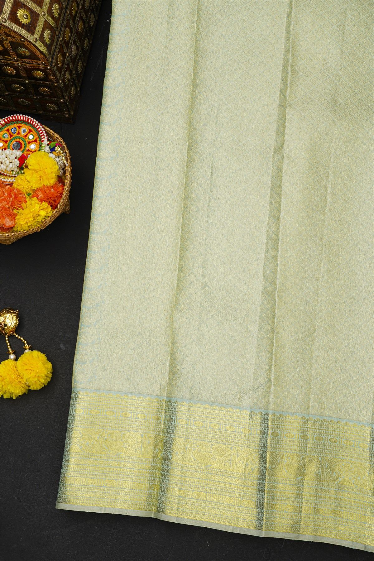 Kancheepuram Silk Mint Green Saree With Florals And Peacocks Border