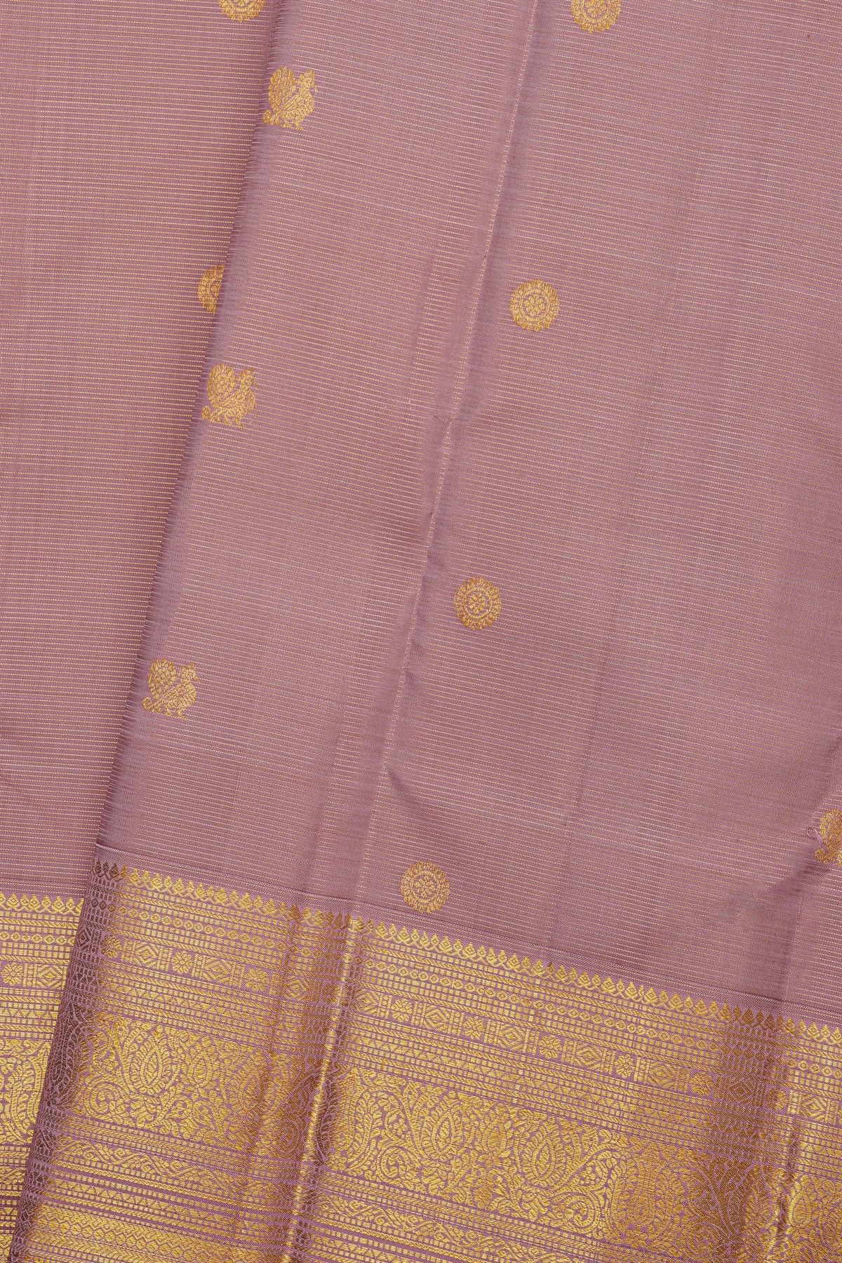 Kancheepuram Silk Lavender Saree With Florals And Peacock Butti Body