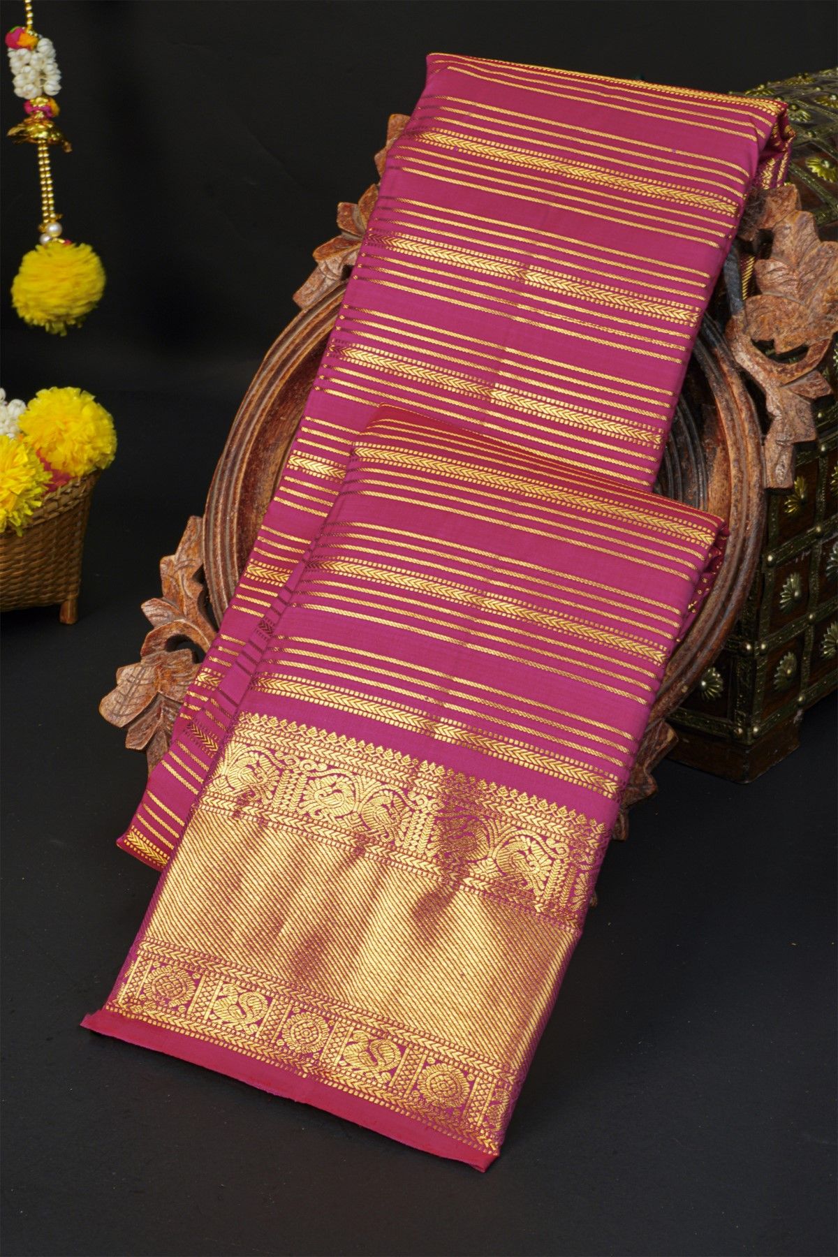 Kancheepuram Silk Rani Pink Saree With Cross Lines And Peacocks Border