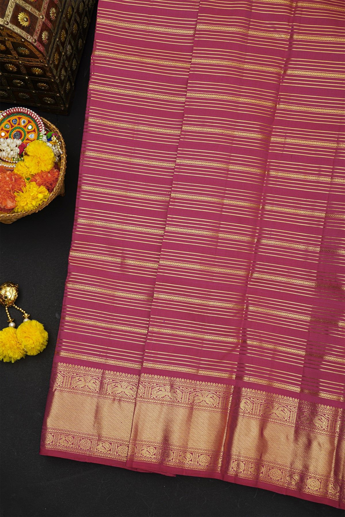 Kancheepuram Silk Rani Pink Saree With Cross Lines And Peacocks Border