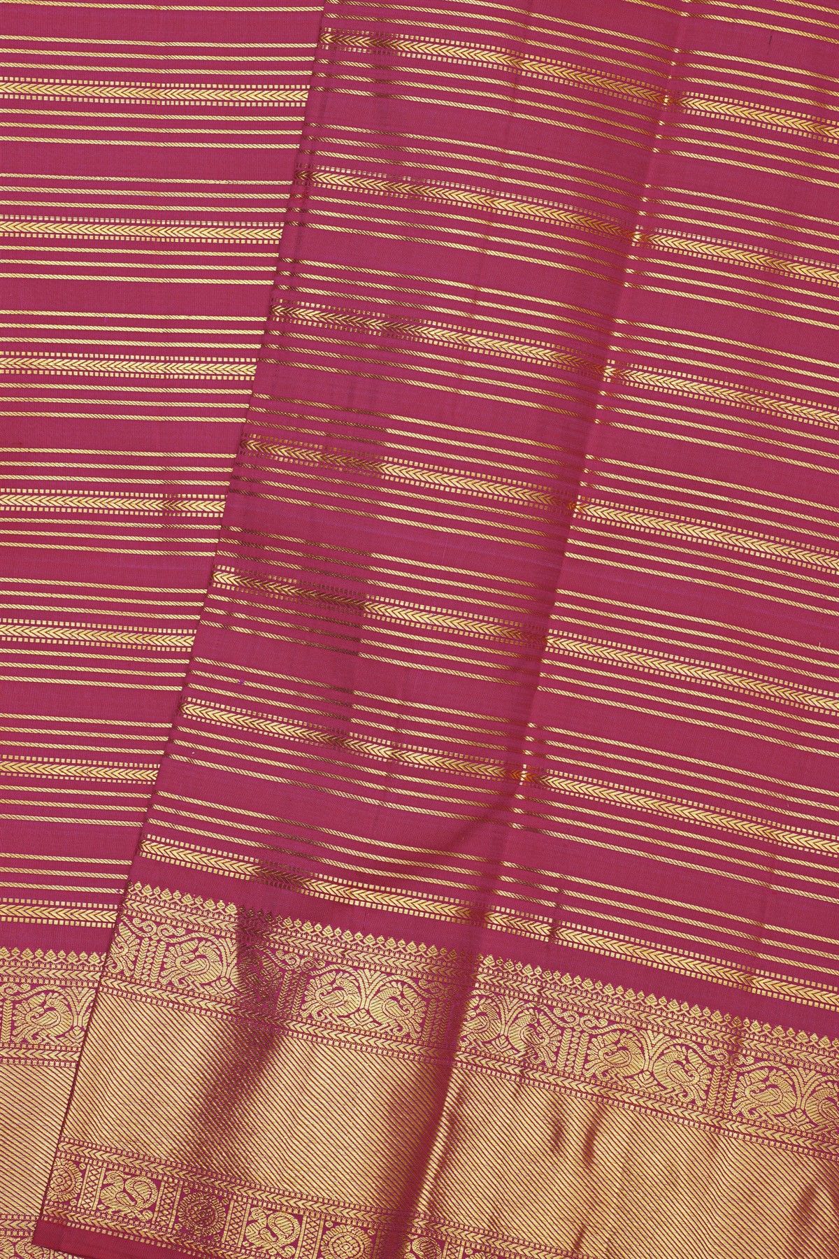 Kancheepuram Silk Rani Pink Saree With Cross Lines And Peacocks Border