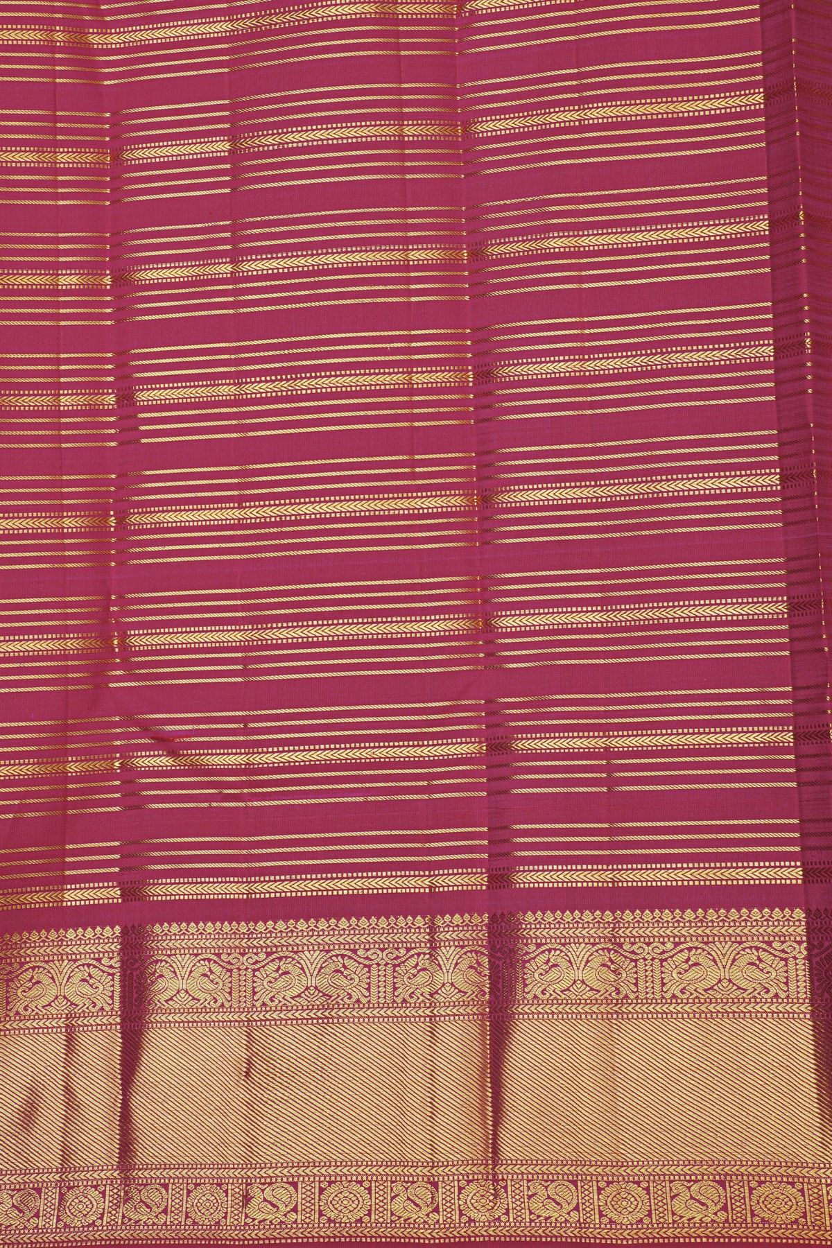 Kancheepuram Silk Rani Pink Saree With Cross Lines And Peacocks Border