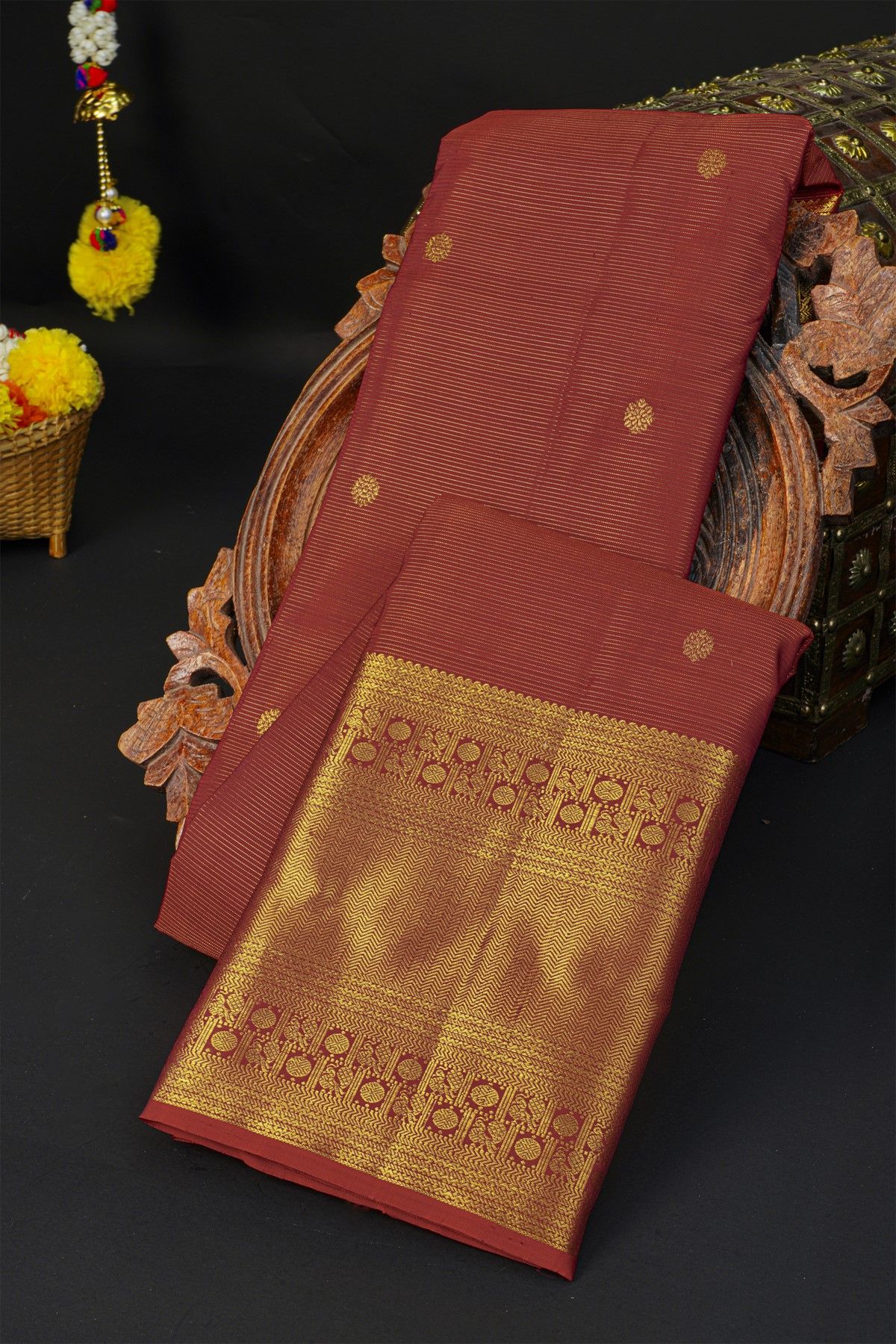 Kancheepuram Silk Maroon Saree With Zari Lines And Floral Buttis Body