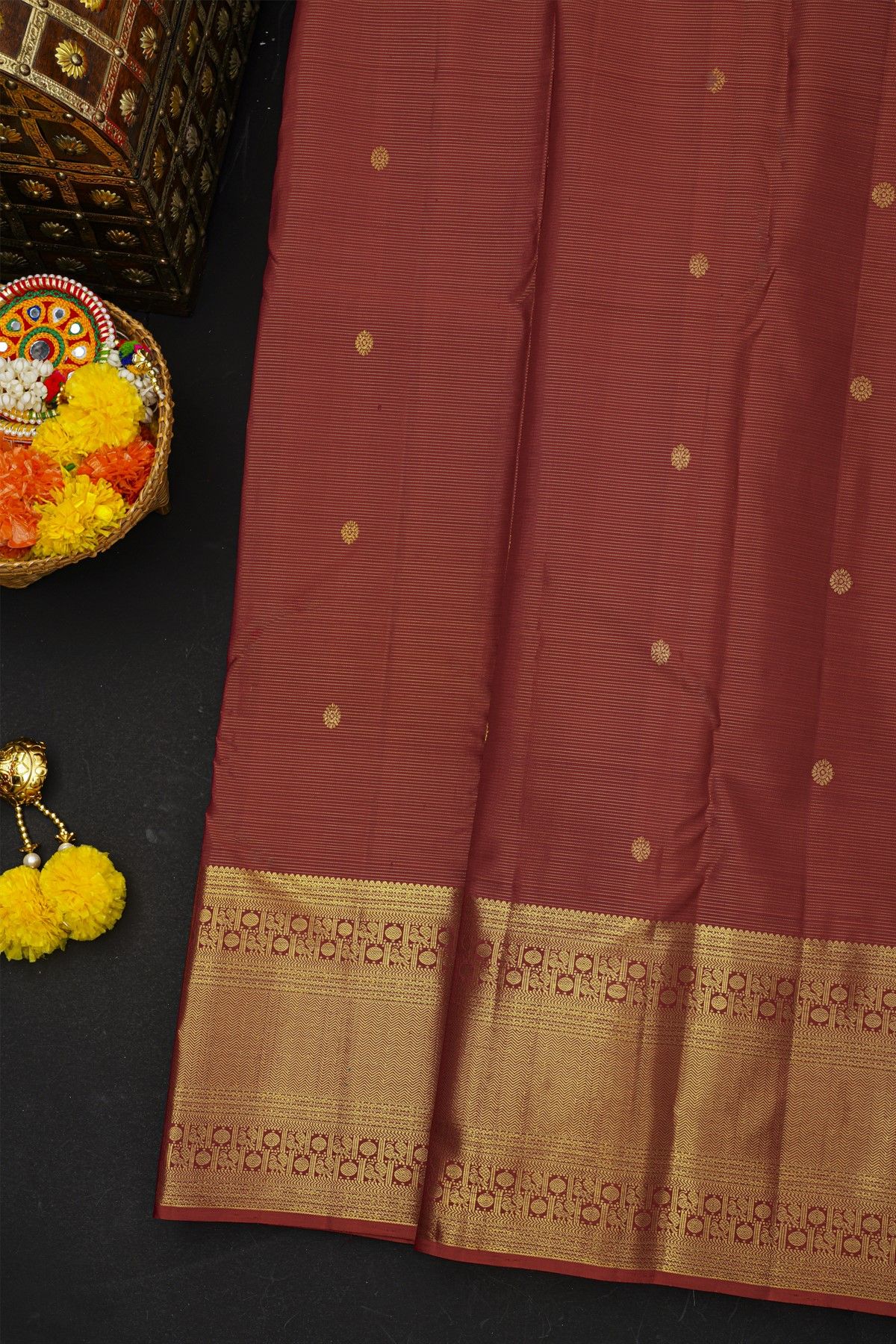 Kancheepuram Silk Maroon Saree With Zari Lines And Floral Buttis Body