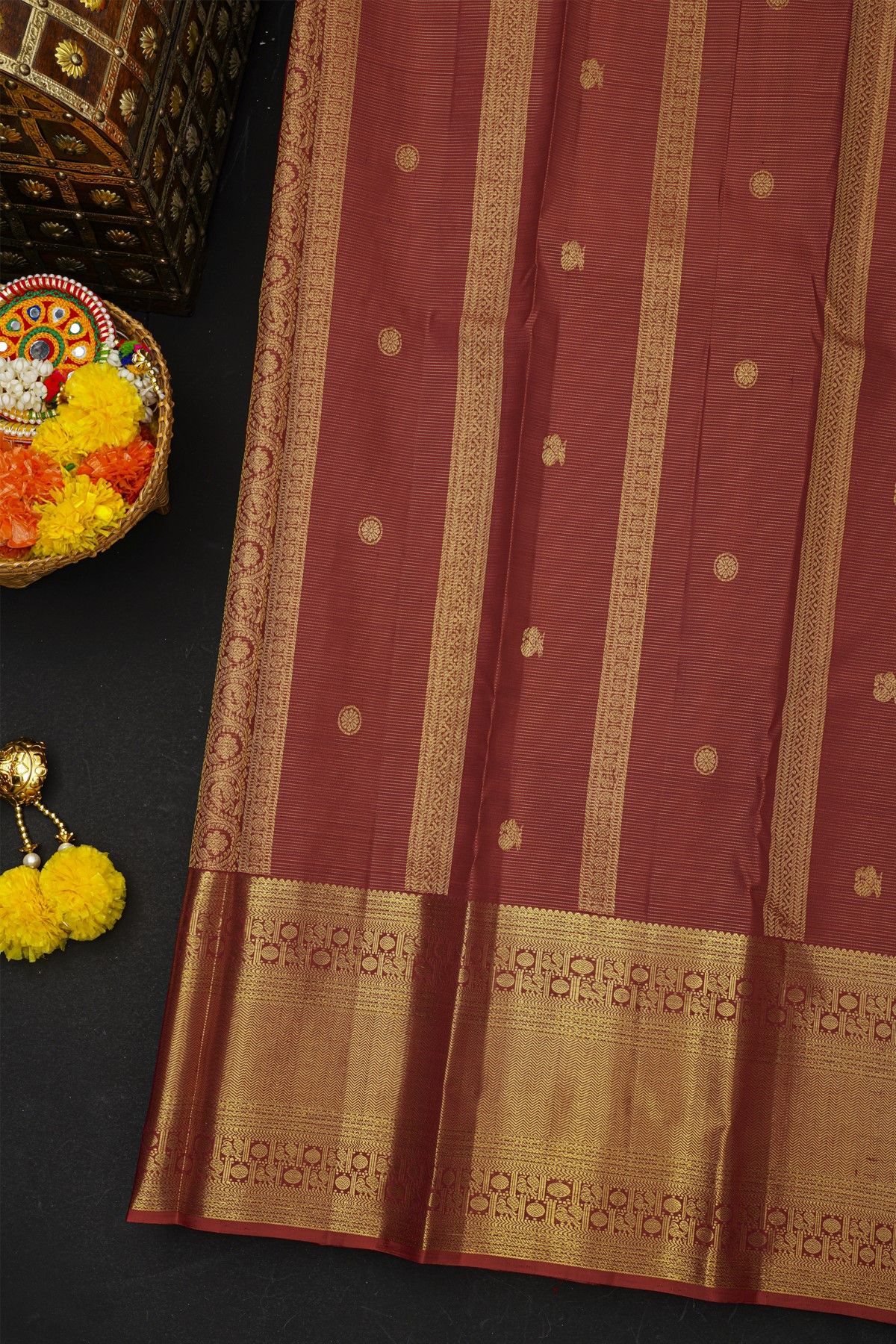 Kancheepuram Silk Maroon Saree With Zari Lines And Floral Buttis Body