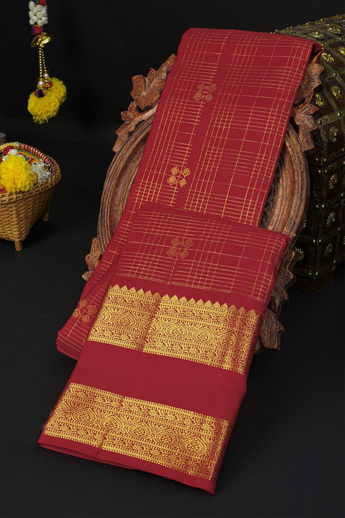 Kancheepuram Silk Maroon Saree With Zari Checks Florals And Leaves Jaal Border