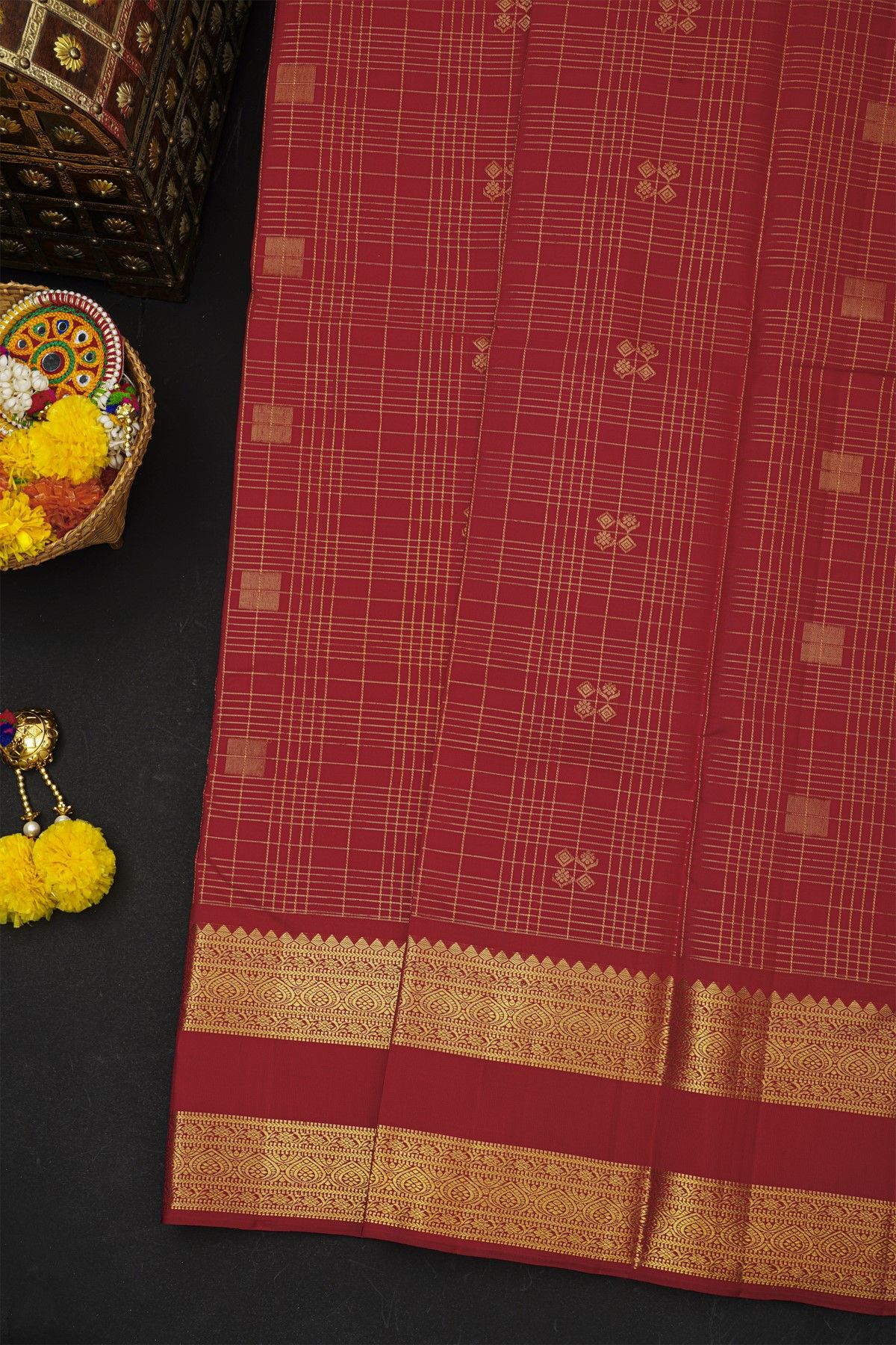 Kancheepuram Silk Maroon Saree With Zari Checks Florals And Leaves Jaal Border