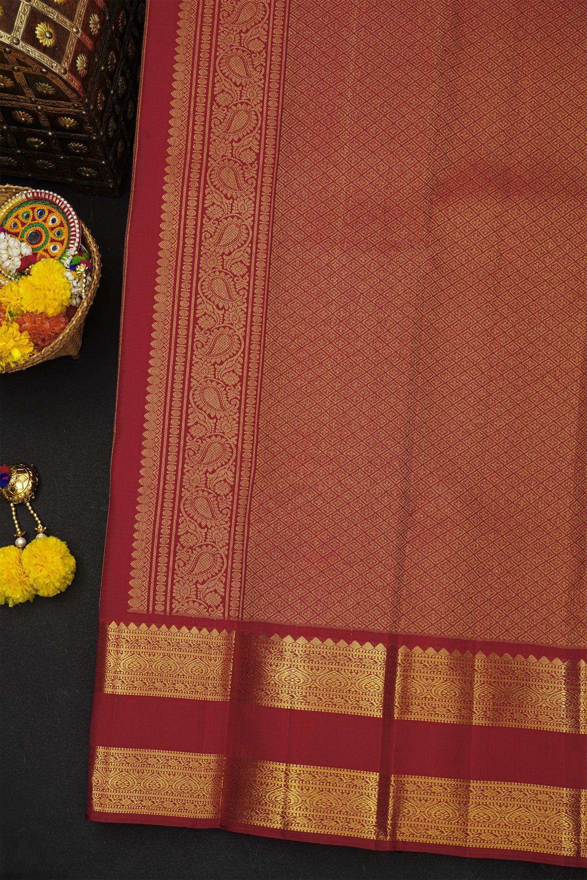 Kancheepuram Silk Maroon Saree With Zari Checks Florals And Leaves Jaal Border
