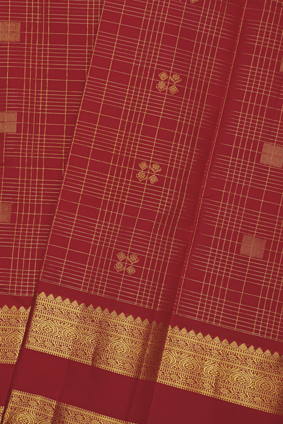Kancheepuram Silk Maroon Saree With Zari Checks Florals And Leaves Jaal Border