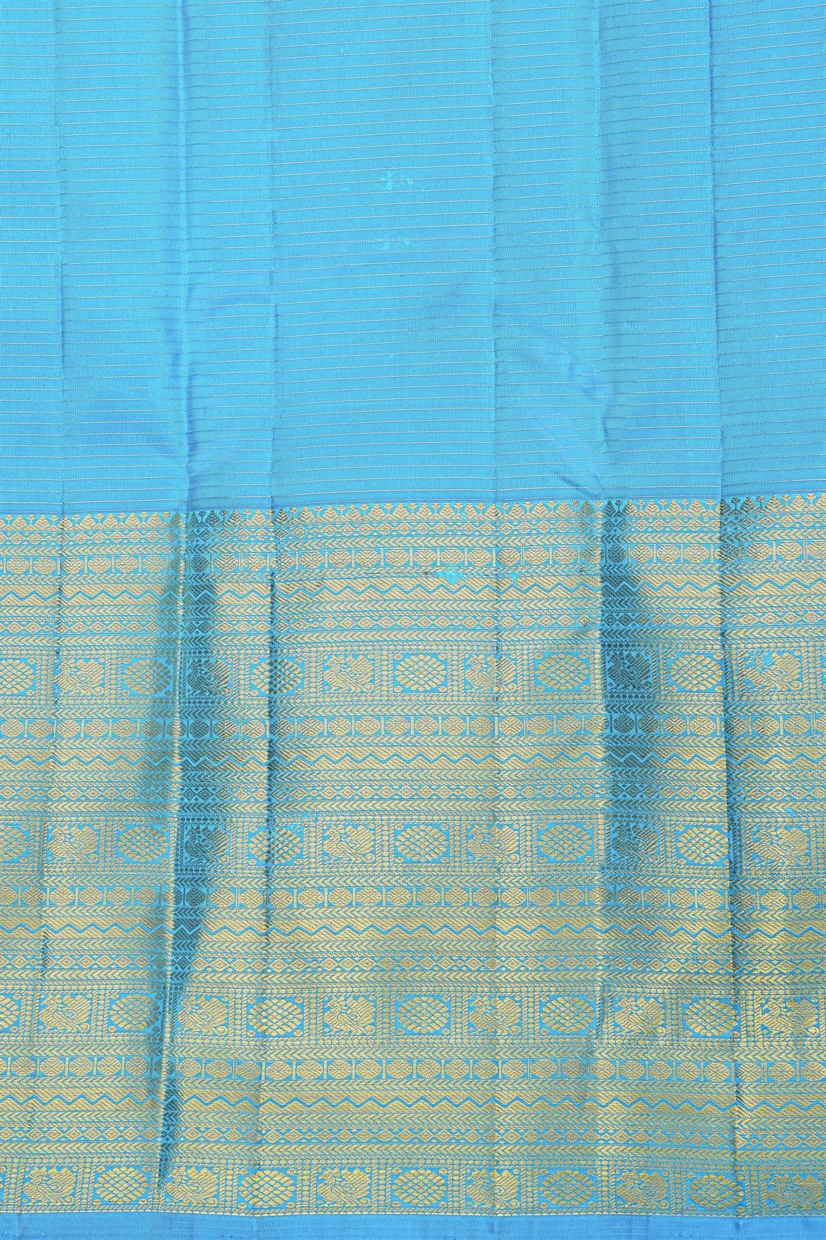 Kancheepuram Silk Sky Blue Saree With Zari Checks Florals And Peacocks Border