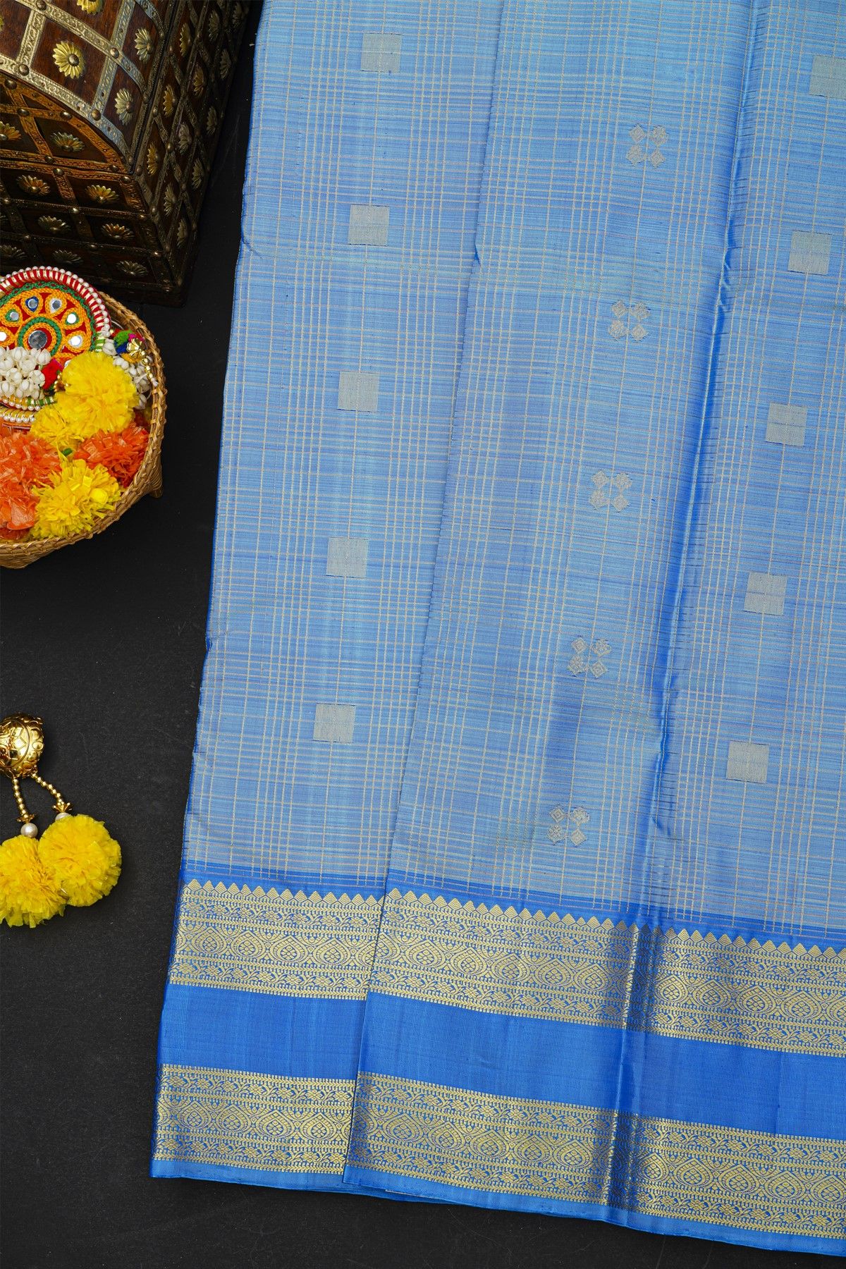 Kancheepuram Silk Sky Blue Saree With Checks And Floral Buttis Body