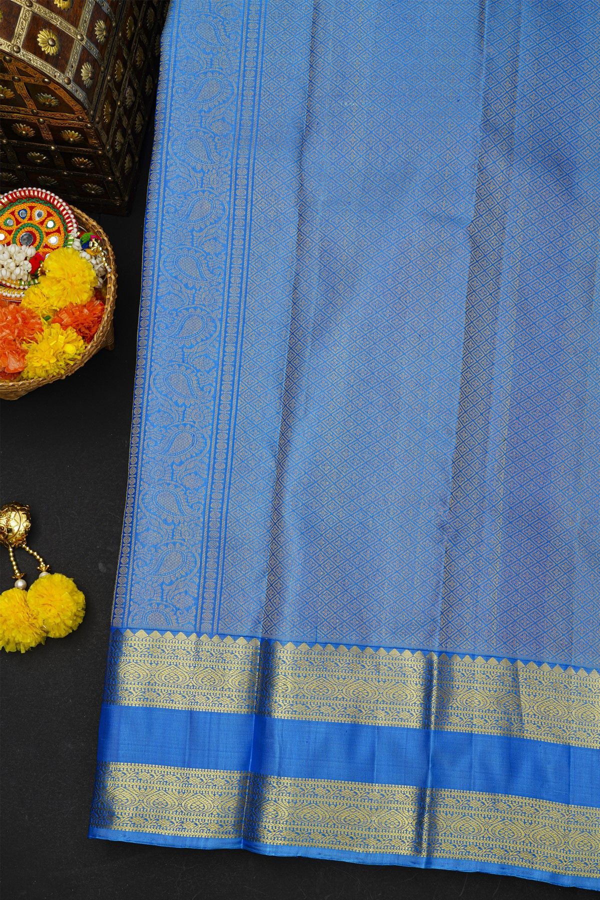 Kancheepuram Silk Sky Blue Saree With Checks And Floral Buttis Body