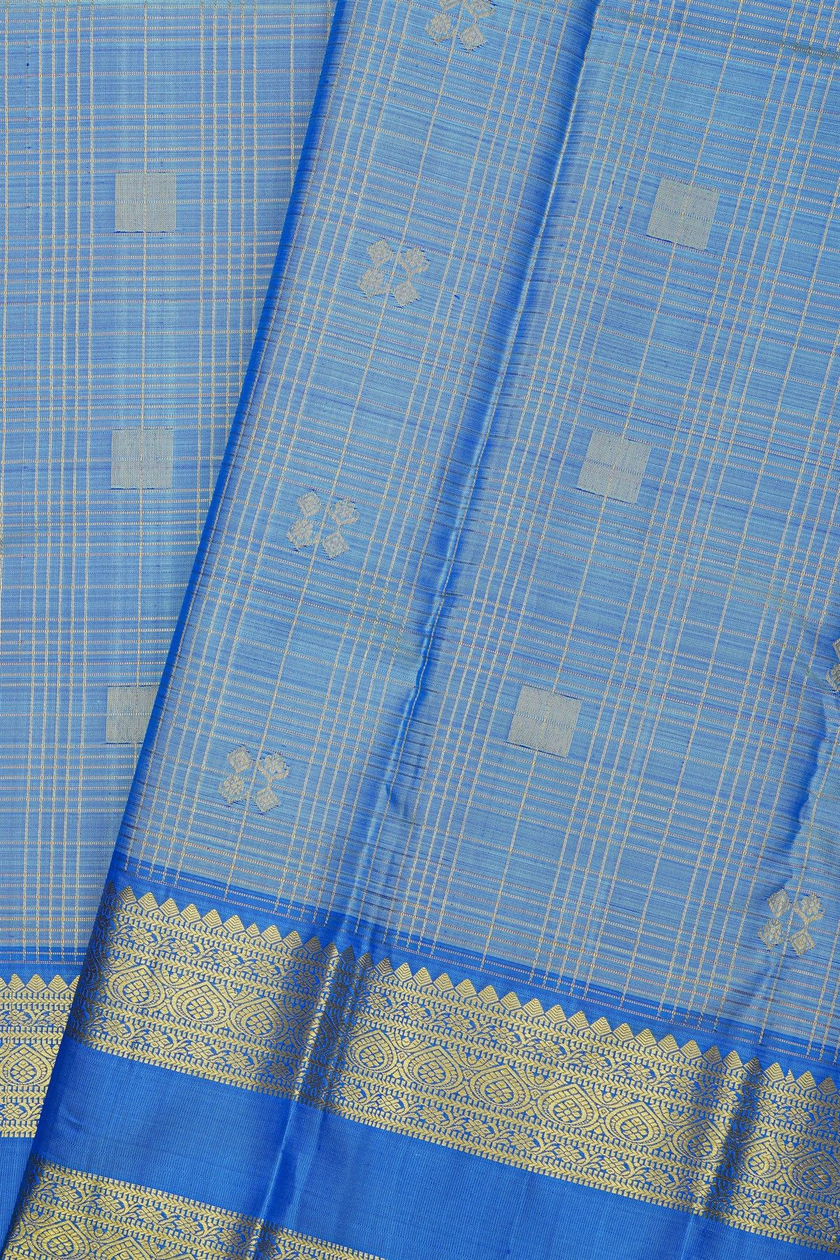 Kancheepuram Silk Sky Blue Saree With Checks And Floral Buttis Body
