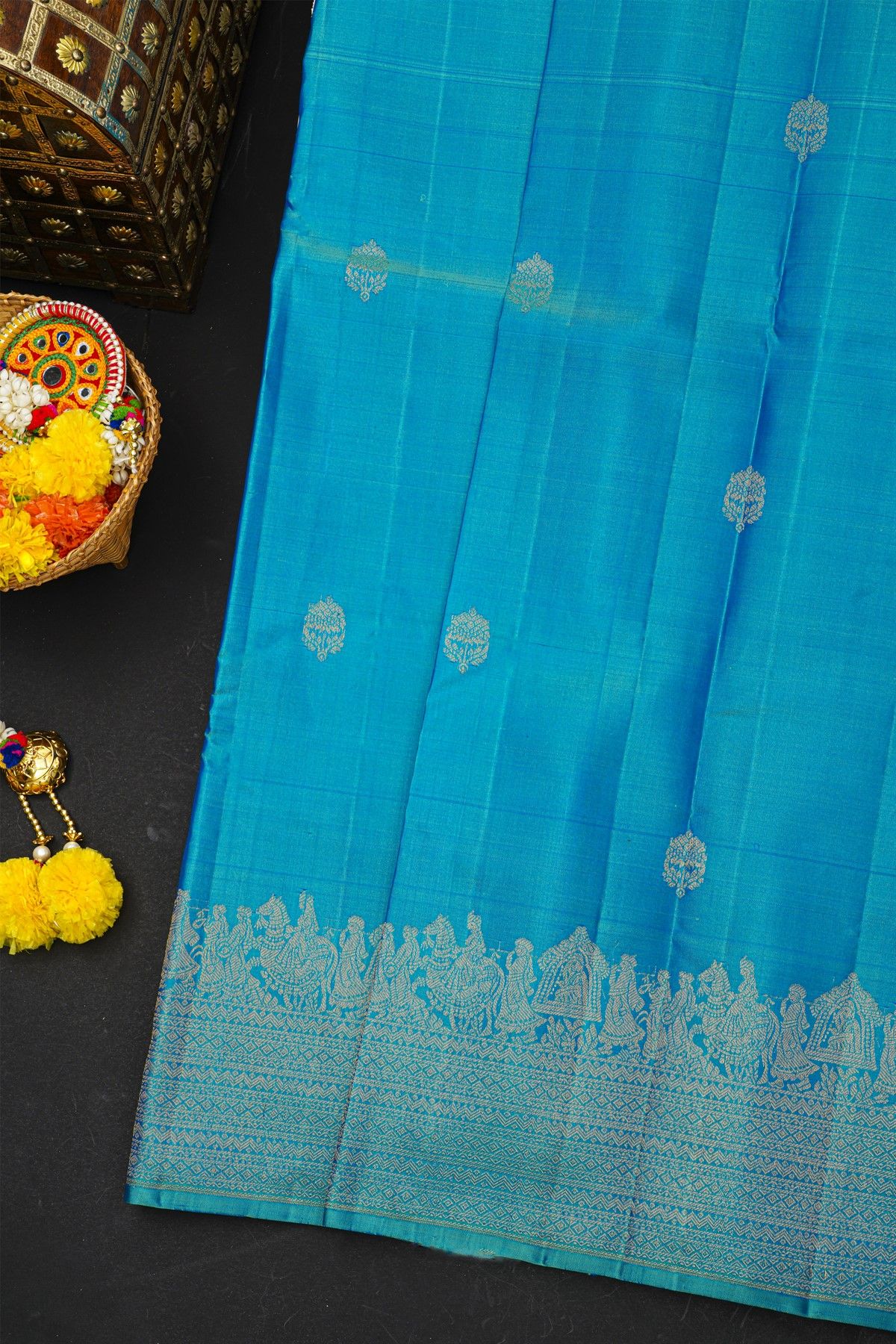 Kancheepuram Silk Turquoise Blue Saree With Pallaki Design Border