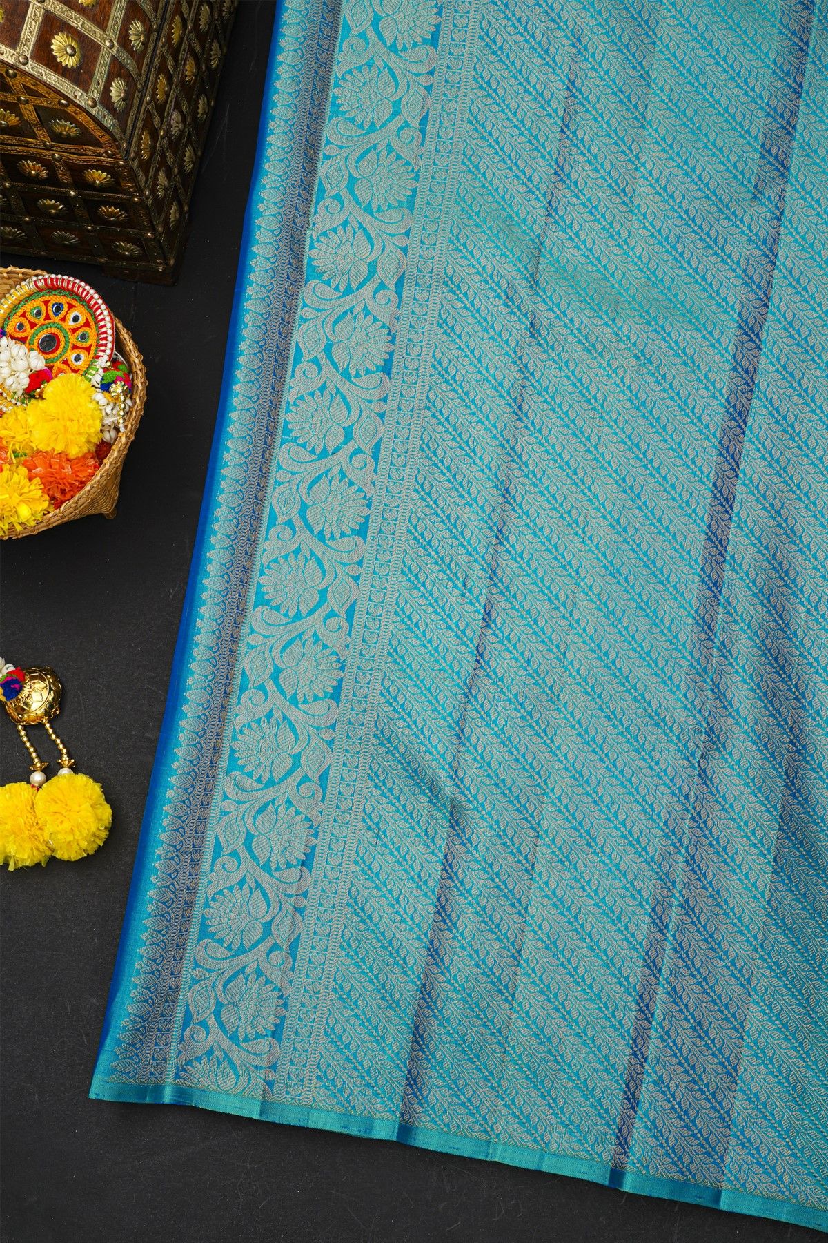 Kancheepuram Silk Turquoise Blue Saree With Pallaki Design Border