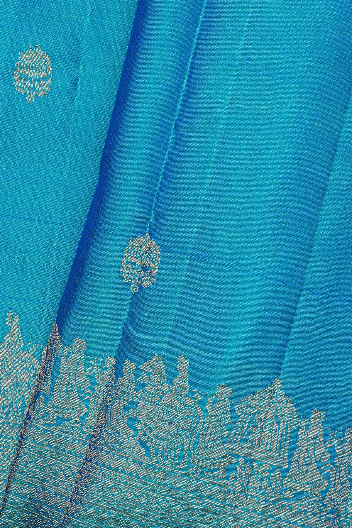 Kancheepuram Silk Turquoise Blue Saree With Pallaki Design Border
