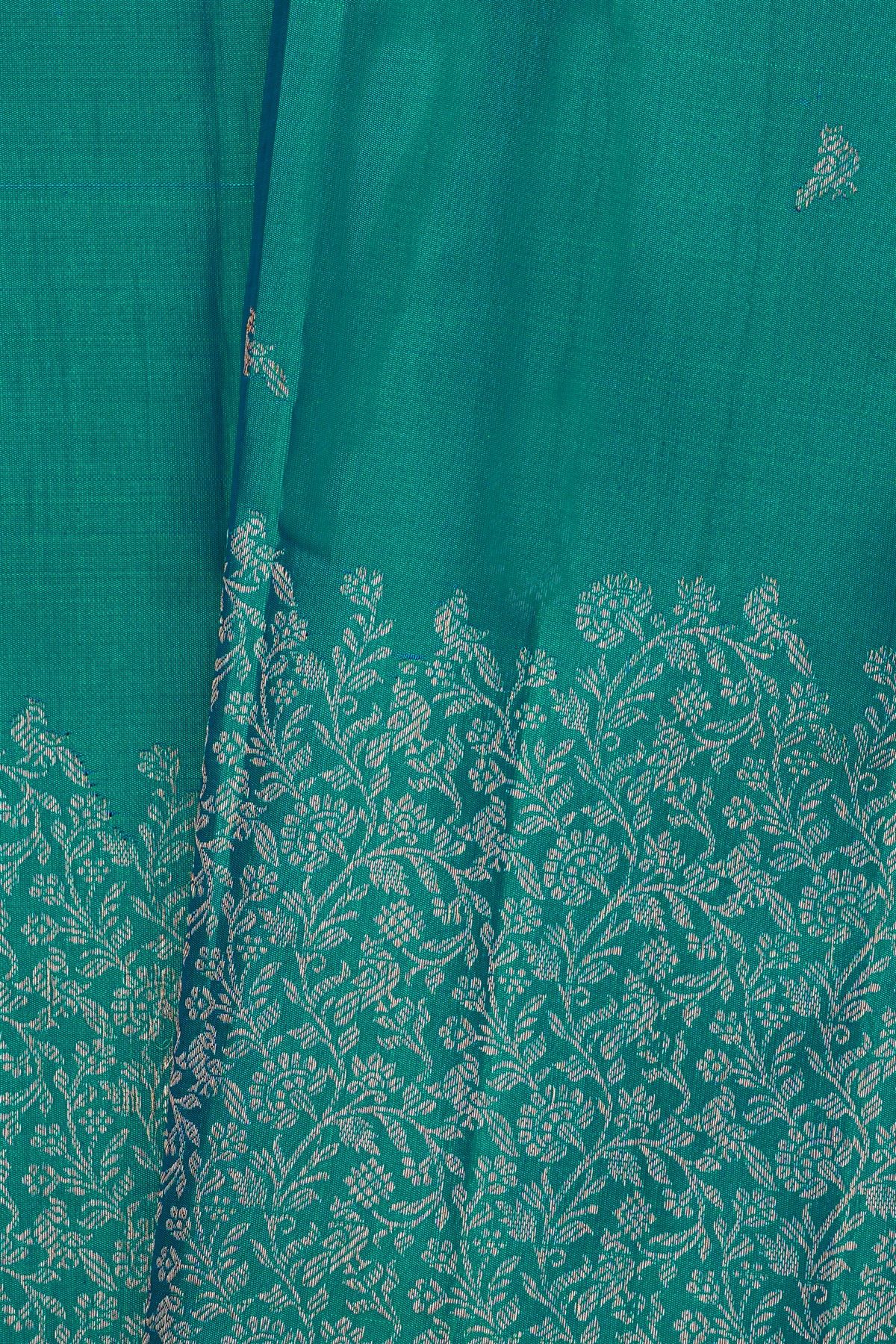 Kancheepuram Silk Sea Green Saree With Florals And Leaves Jaal Border