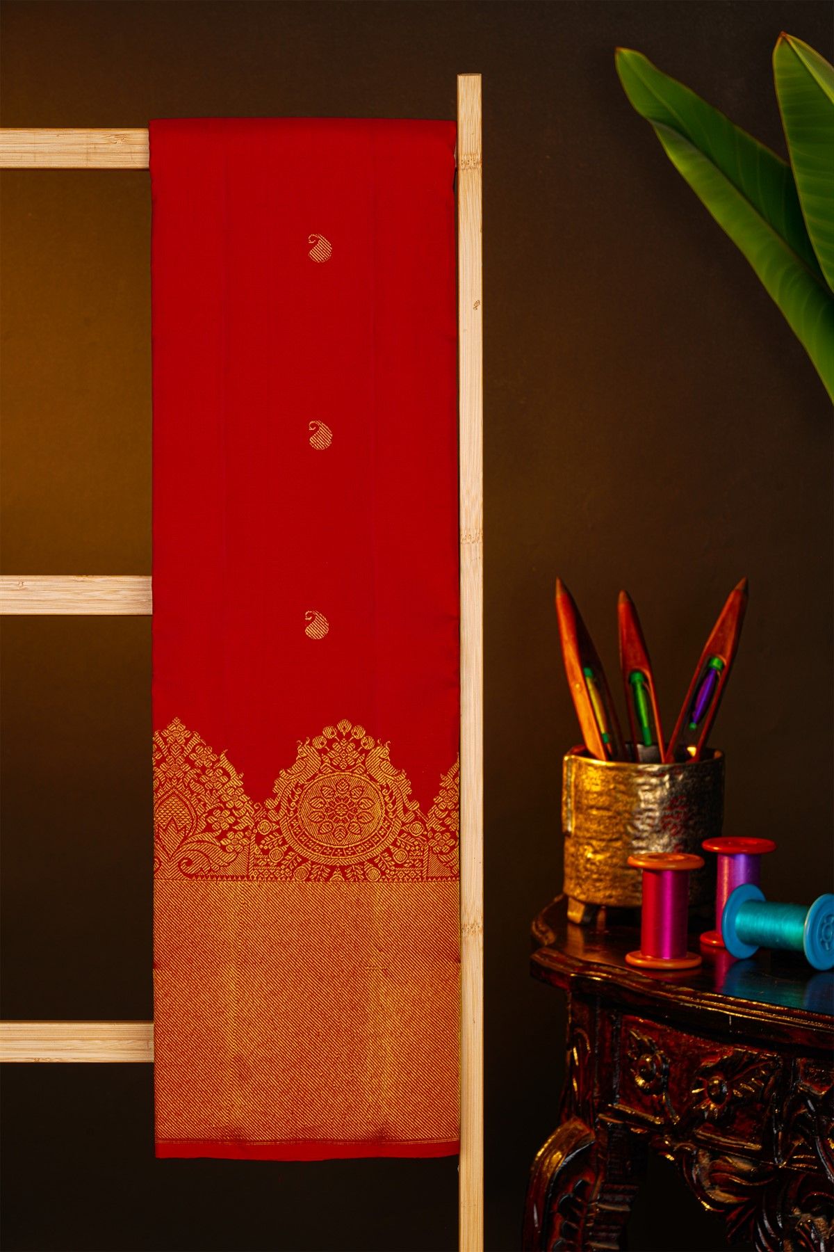Kancheepuram Silk Red Saree With Florals And Paisleys In Zari Body And Turning Border