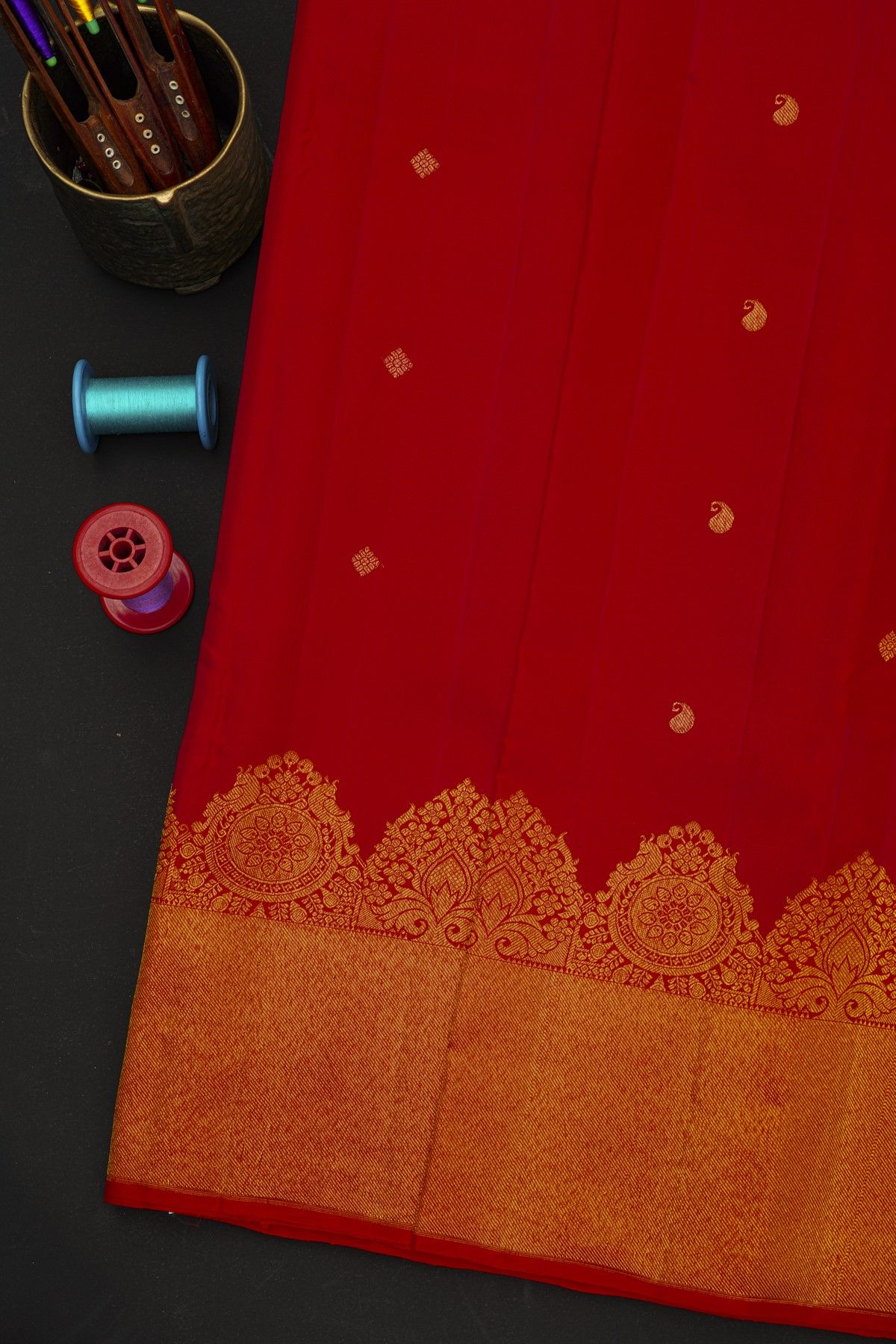 Kancheepuram Silk Red Saree With Florals And Paisleys In Zari Body And Turning Border