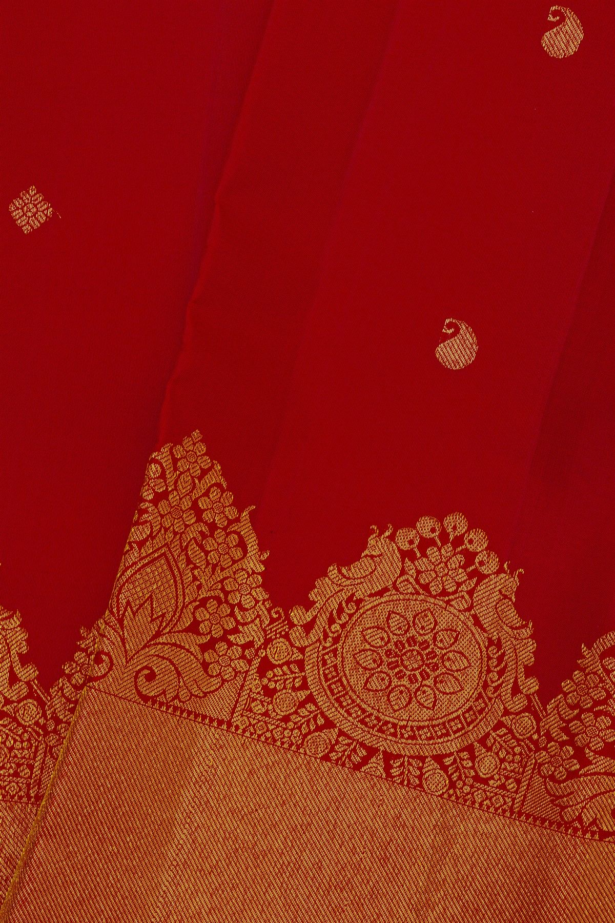 Kancheepuram Silk Red Saree With Florals And Paisleys In Zari Body And Turning Border