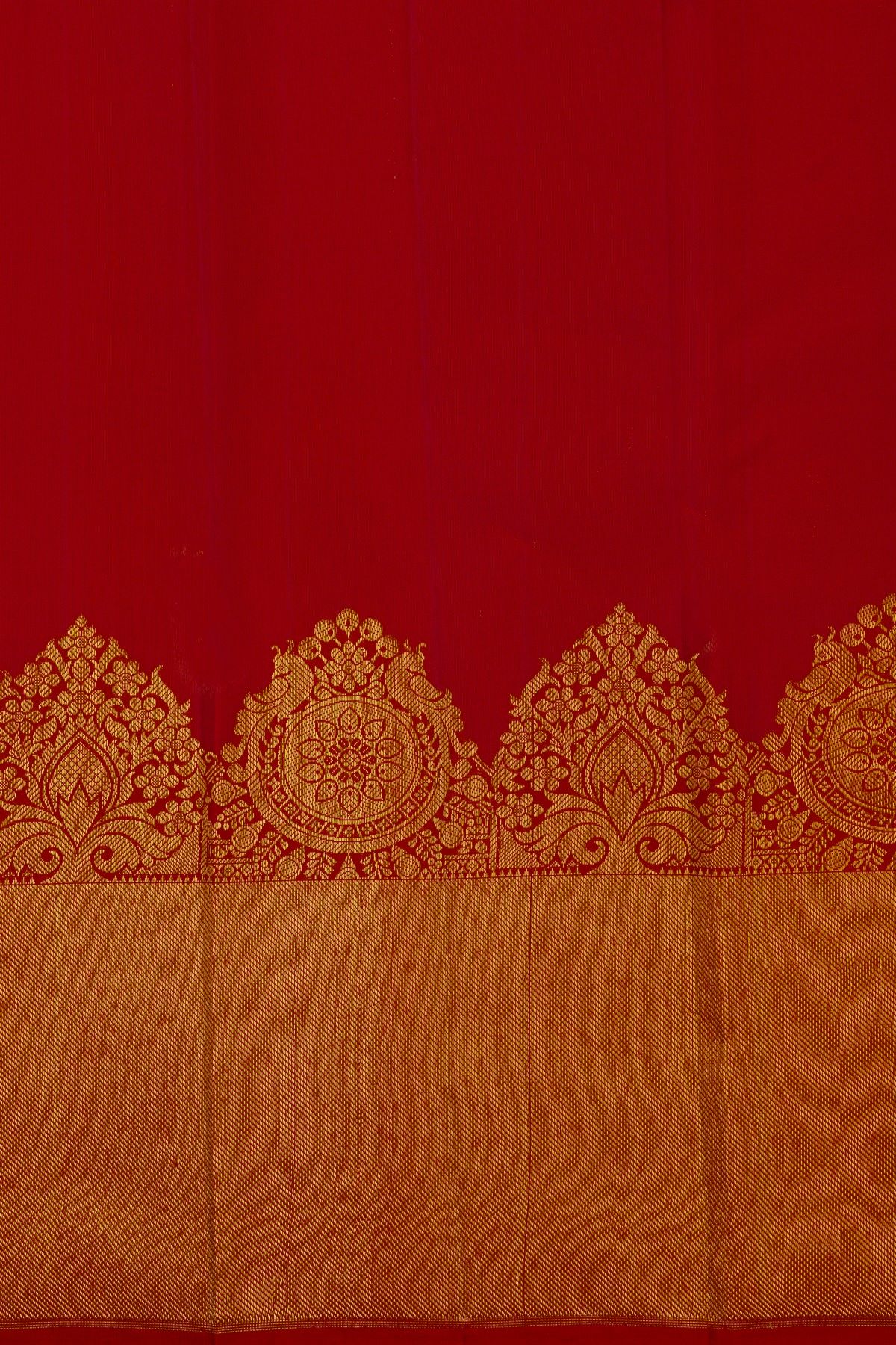 Kancheepuram Silk Red Saree With Florals And Paisleys In Zari Body And Turning Border
