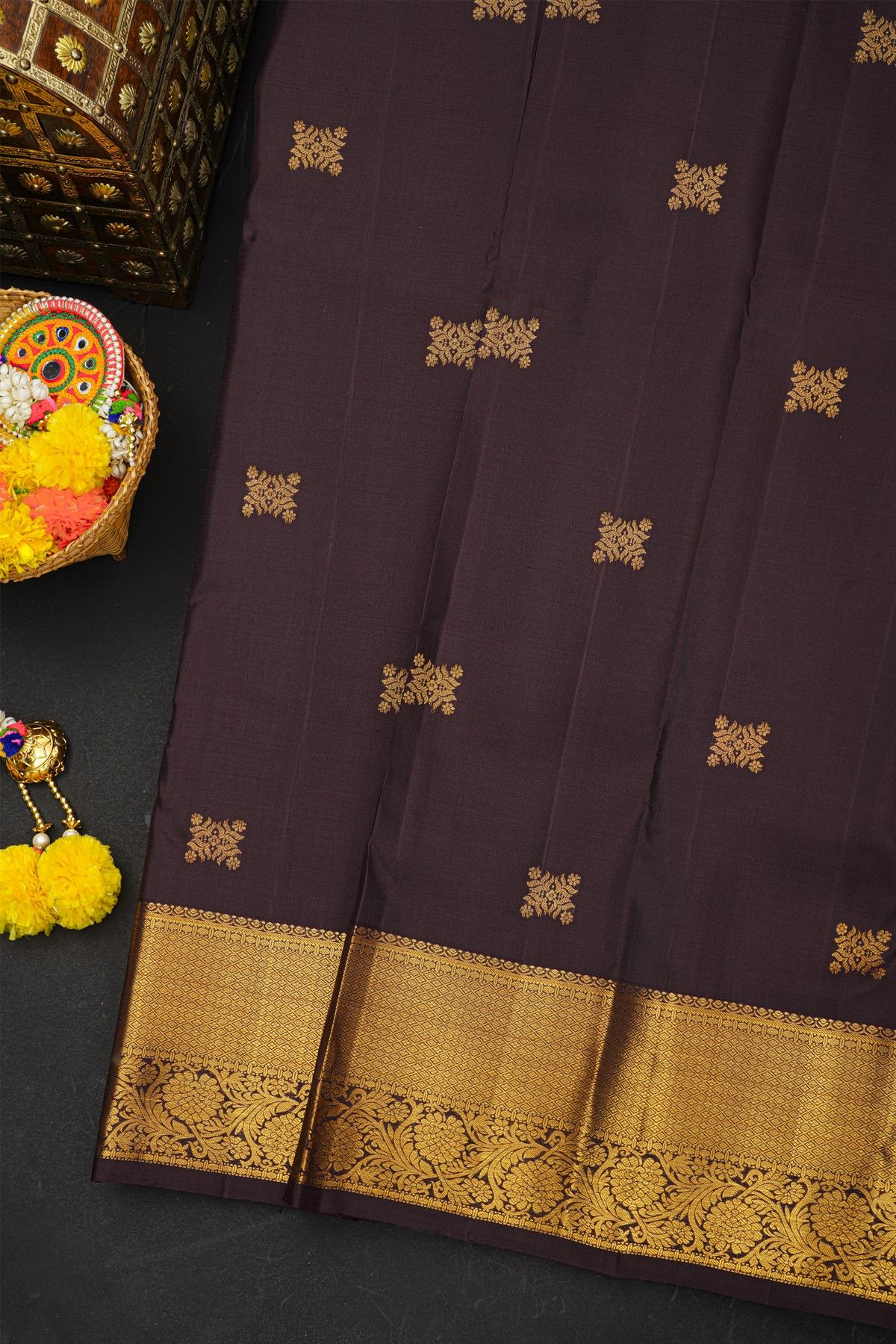 Kancheepuram Silk Dark Brown Saree With Diamonds And Florals Border
