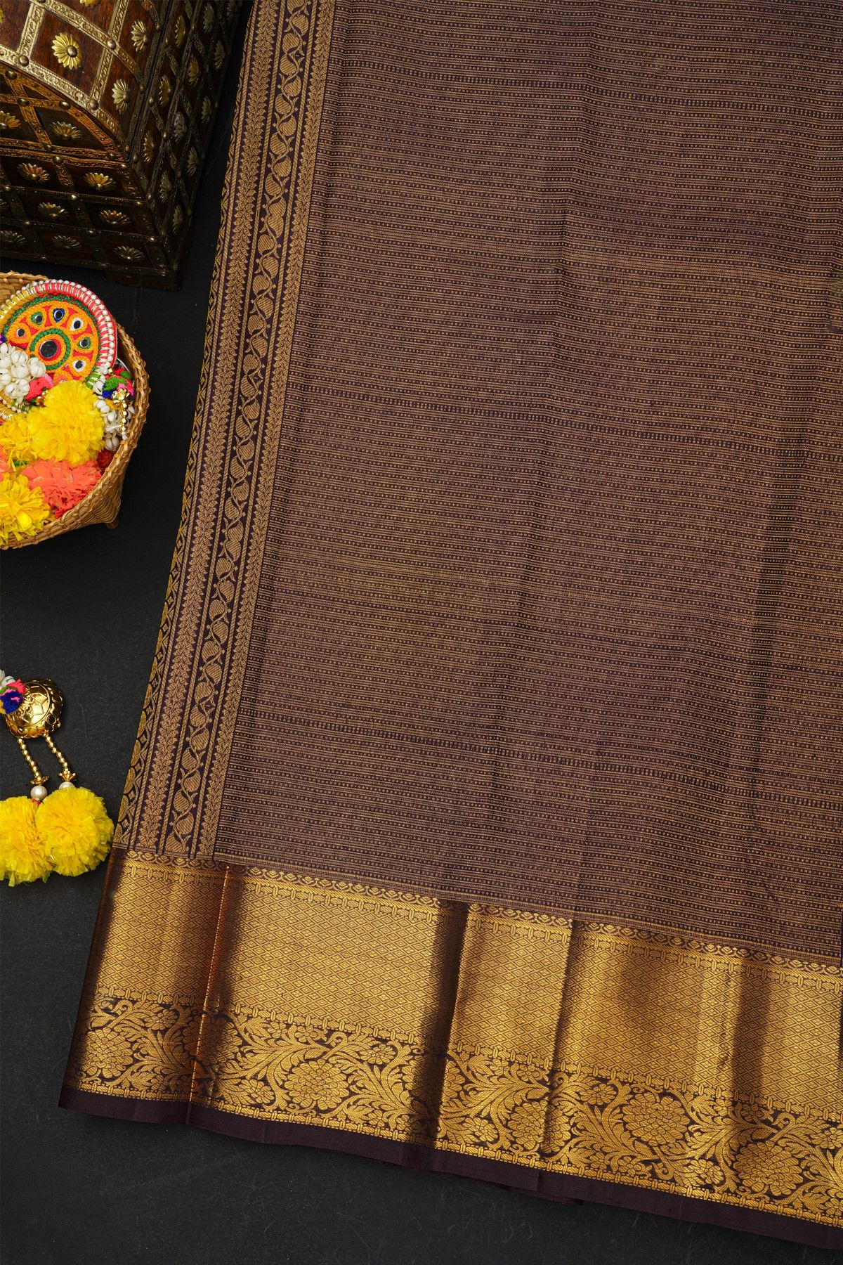 Kancheepuram Silk Dark Brown Saree With Diamonds And Florals Border