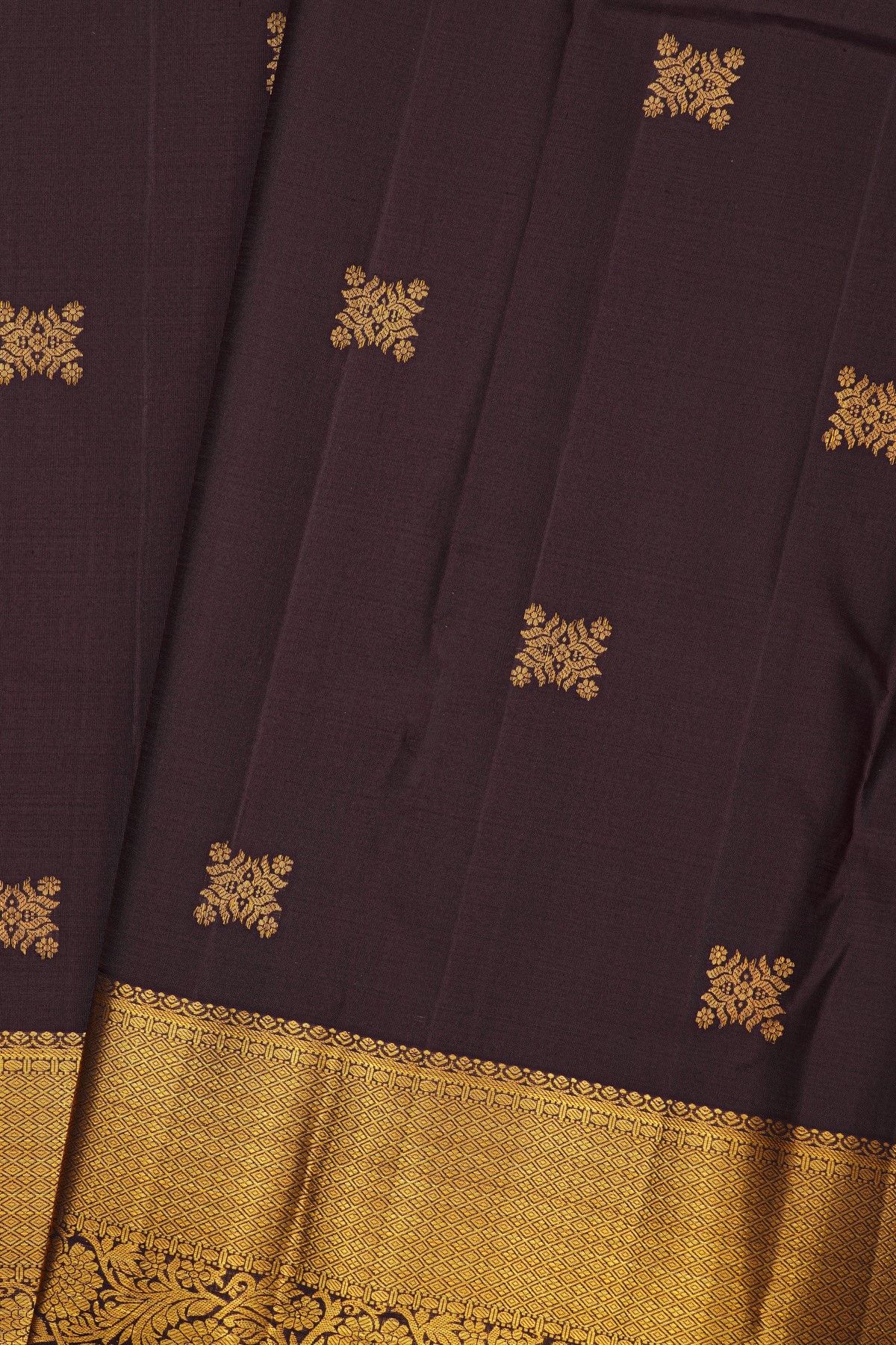 Kancheepuram Silk Dark Brown Saree With Diamonds And Florals Border