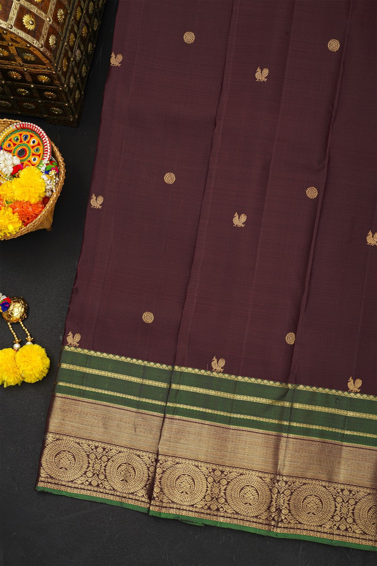 Kancheepuram Silk Dark Brown Saree With Florals And Peacock Buttis Body