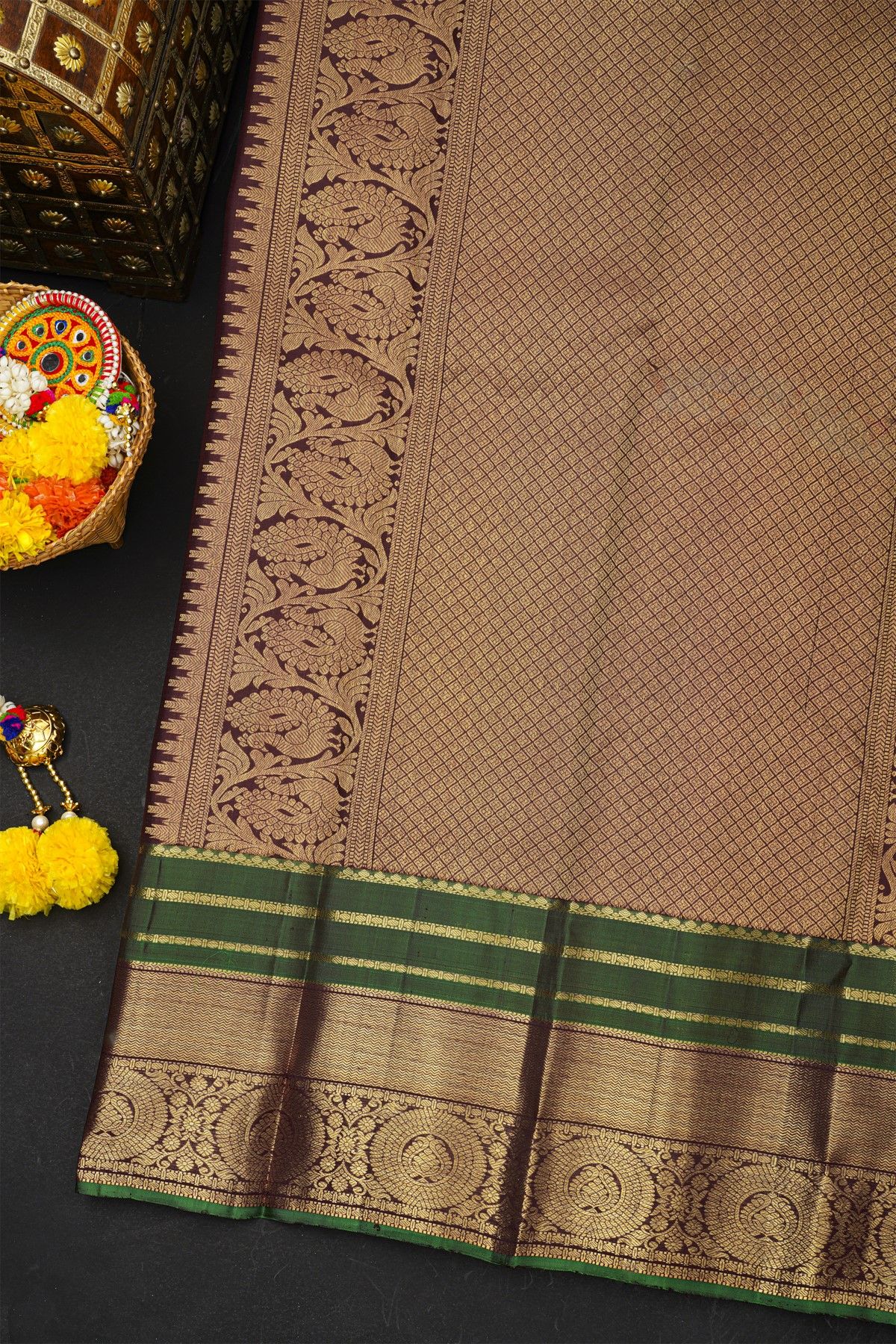 Kancheepuram Silk Dark Brown Saree With Florals And Peacock Buttis Body